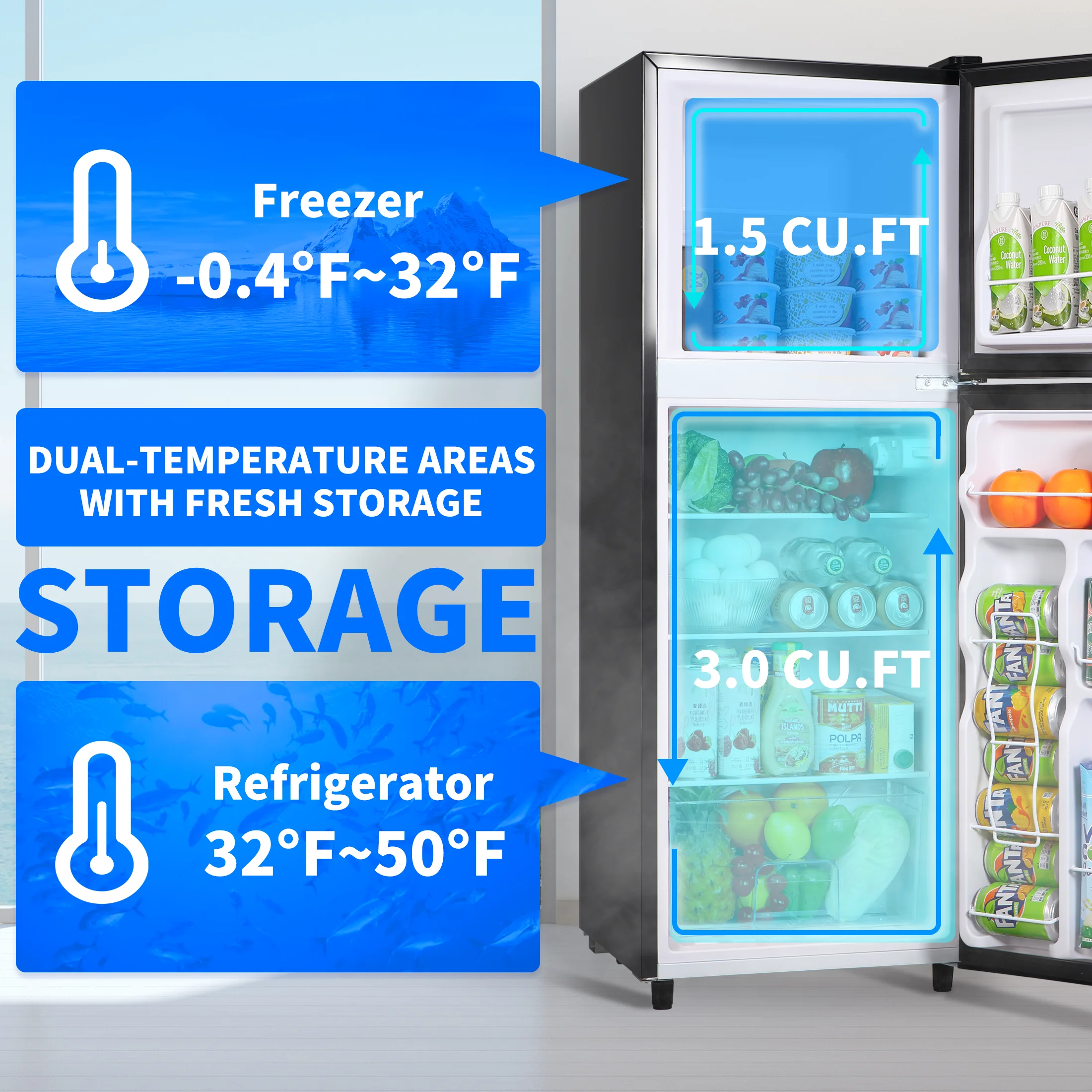 4.5 Cu. ft. Compact Refrigerator 2 Door with Freezer,5 Adjustable Thermostat & 4 Removable Glass Shelves - Image 3