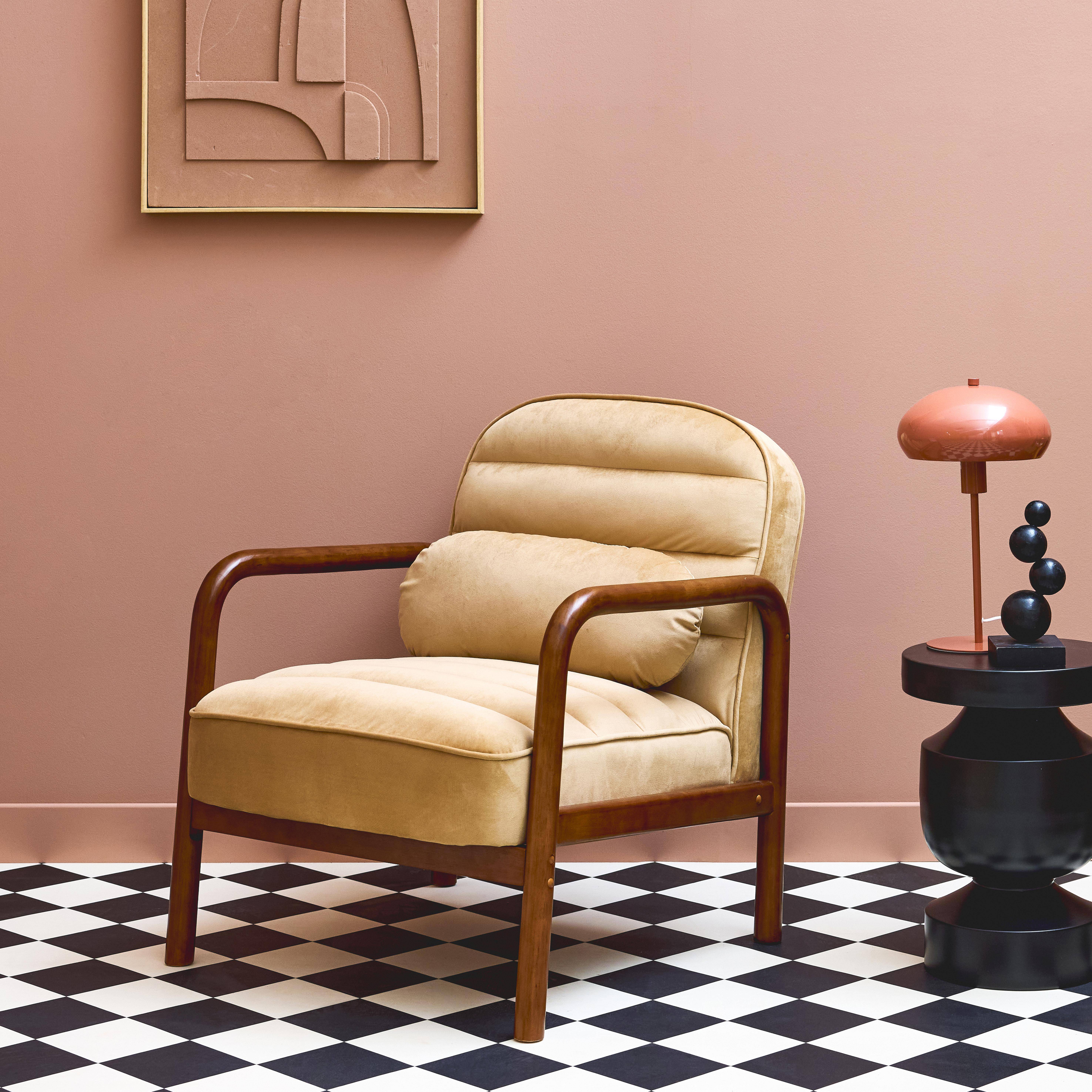 Amelie terciopelo - Sillón escandinavo de madera de hevea teñida de nogal y tela de terciopelo