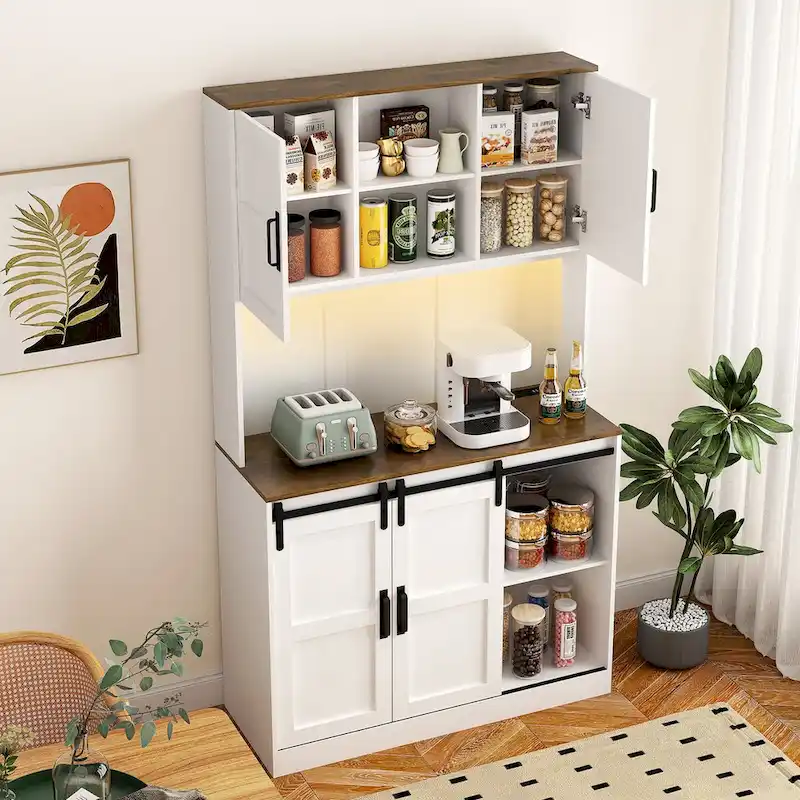Rustic White Farmhouse Bar Cabinet with Sliding Barn Door - Spacious Kitchen Buffet and Coffee Bar Sideboard Table