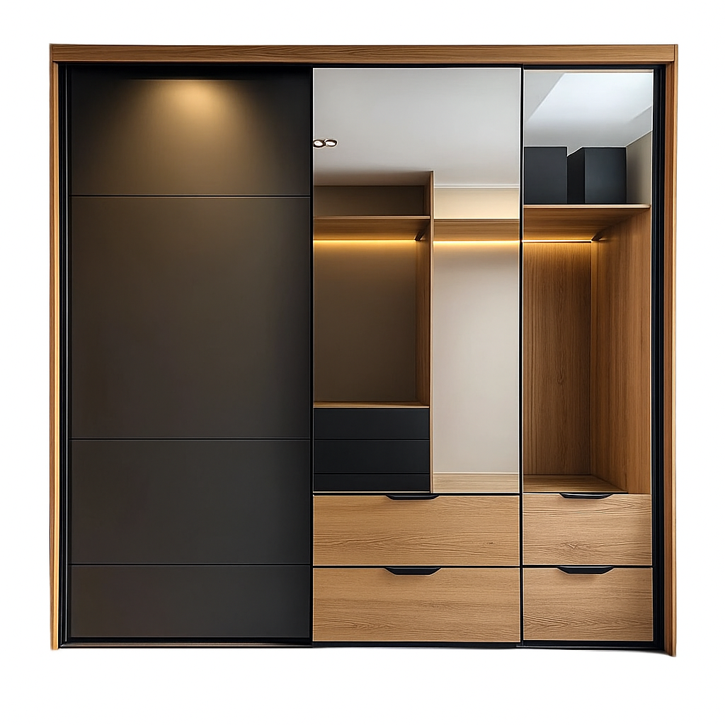 Armario Puertas Correderas Madera/Espejo Dormitorio Negro/Roble Moderno 200x220cm