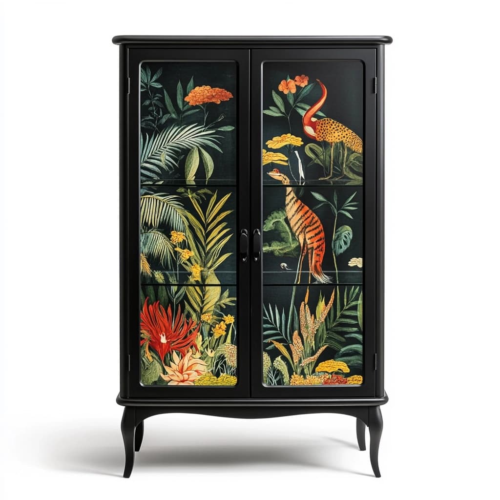 Armario decorativo con impresión de animales tropicales en madera color negro mate 100x45x160cm para salón y dormitorio