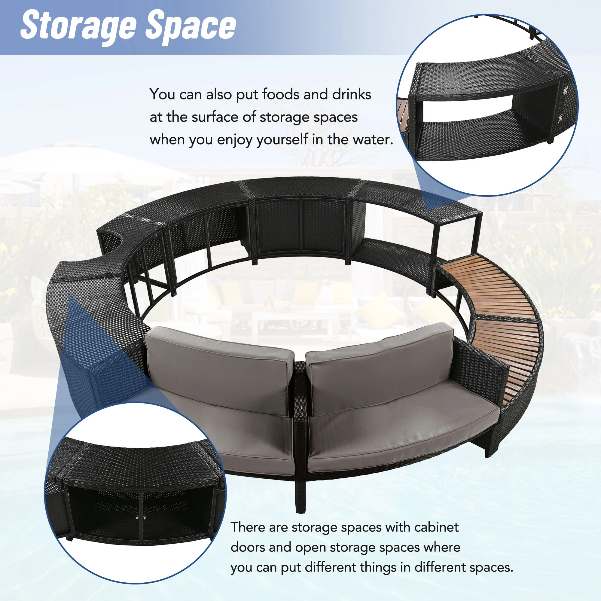 Round Hot Tub Surround Furniture, Spa Surround Outdoor Rattan Sectional Sofa Set with Mini Sofa, Solid Acacia Wood Hot Tub Storage Surround Patio Furniture Set, Gray Cushion - Image 4