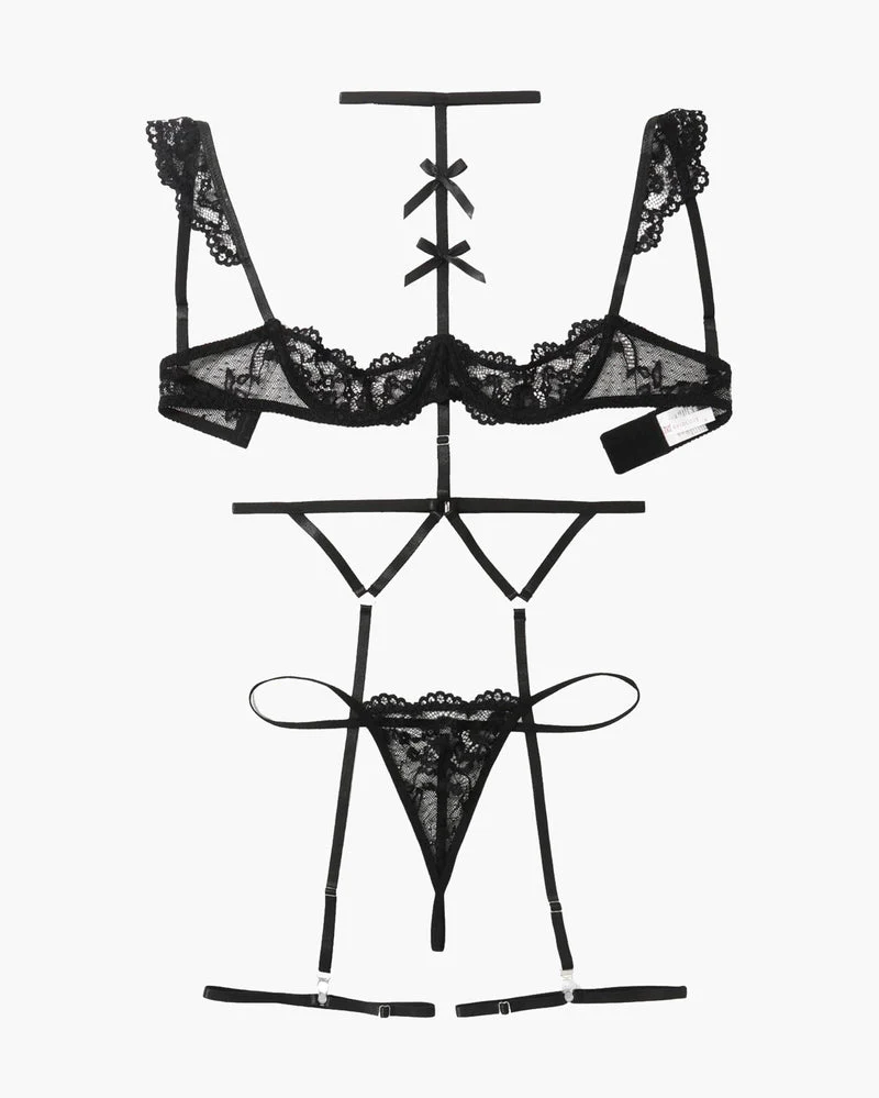 Lace Garter Belt Bra Choker 4-Piece Lingerie Set