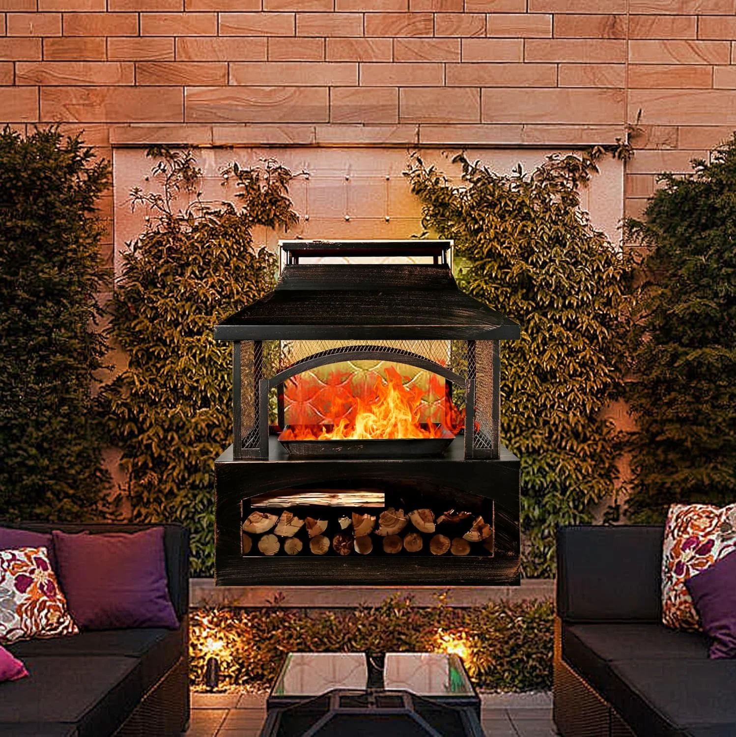 Large Outdoor Wood Burning Fireplace, house shape Outdoor Log Burner Fire Pit with Log Grate and Poker, 37" x 32" x 18" Large Metal Firepit for Patio Garden Backyard, Black - Image 2
