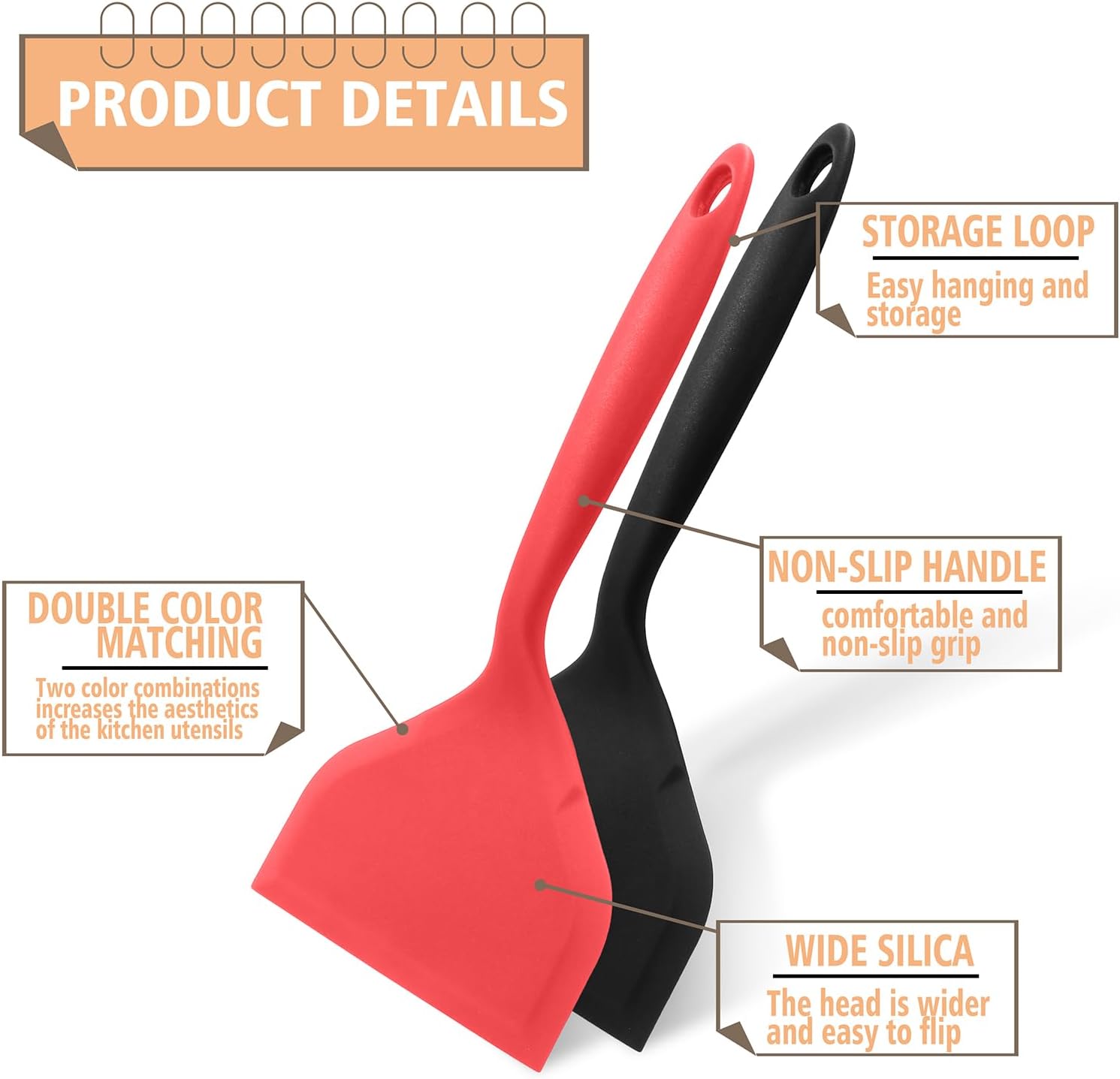 2Pcs Silica gel Wok Spatula,Wide Pancakes Spatula, Nonstick Heat-Resistant Pancake Shovel with Short Handle for Cooking, Baking and Stir-Fry (Black & Red,Style 1)