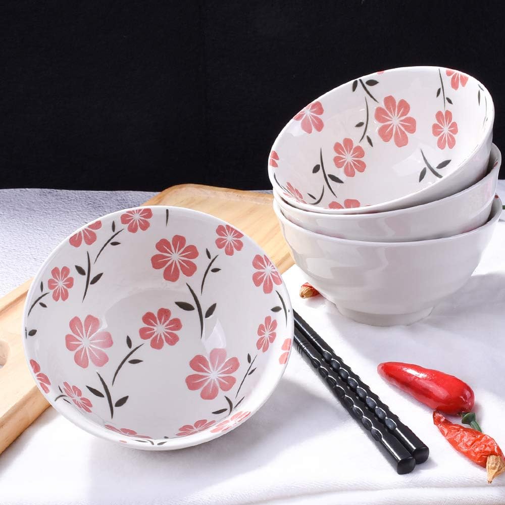 Japanese Ceramic Rice & Sushi Bowls Set – 4 Pack White Cherry Blossom Design, Microwave & Dishwasher-Safe, Elegant Dinnerware for Home, Restaurants