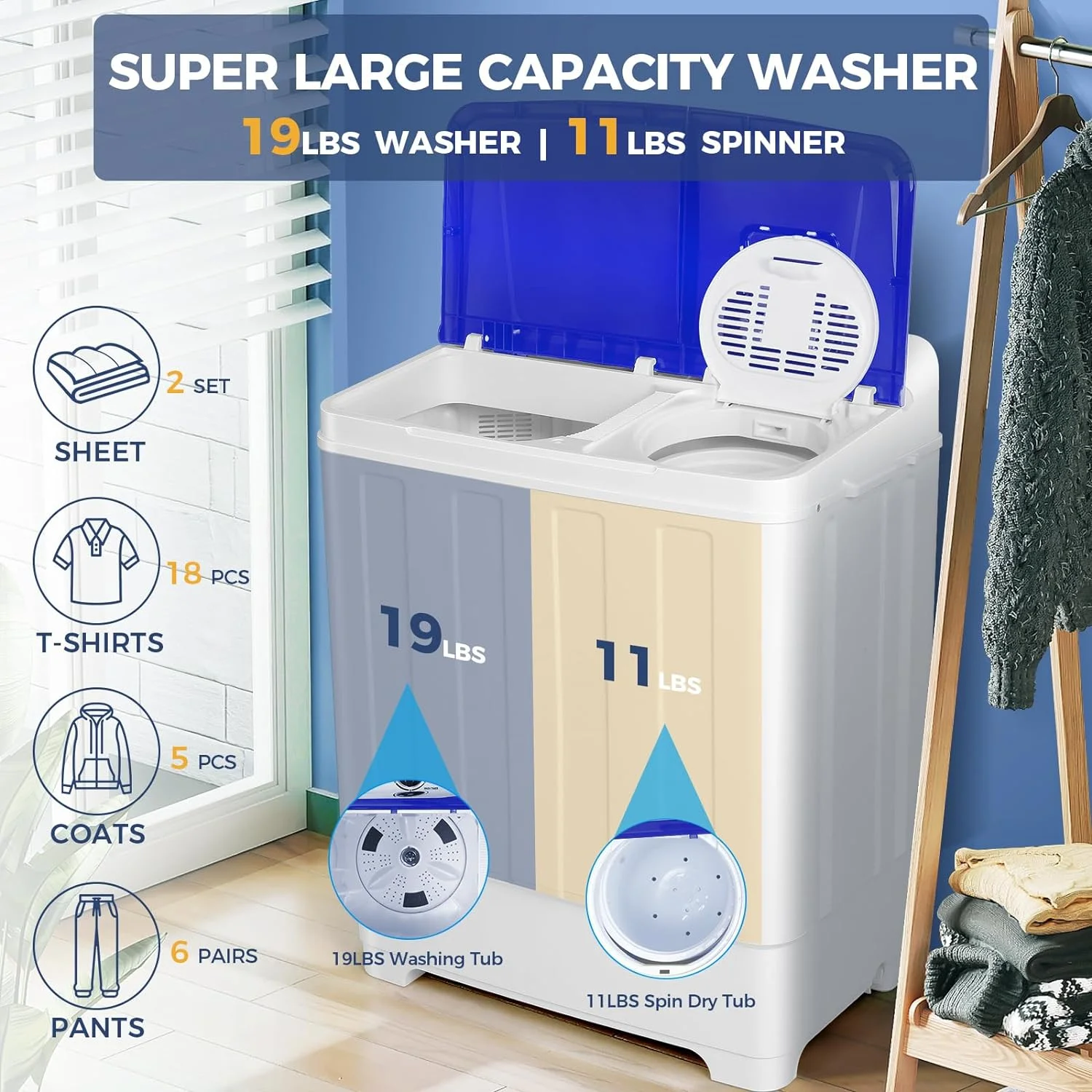 Qhomic Portable Washer 30lbs, 2-in-1 Twin Tub Washer & Dryer Combo Compact Semi-Automatic Washing Machine with Drain Pump, Black - Image 11