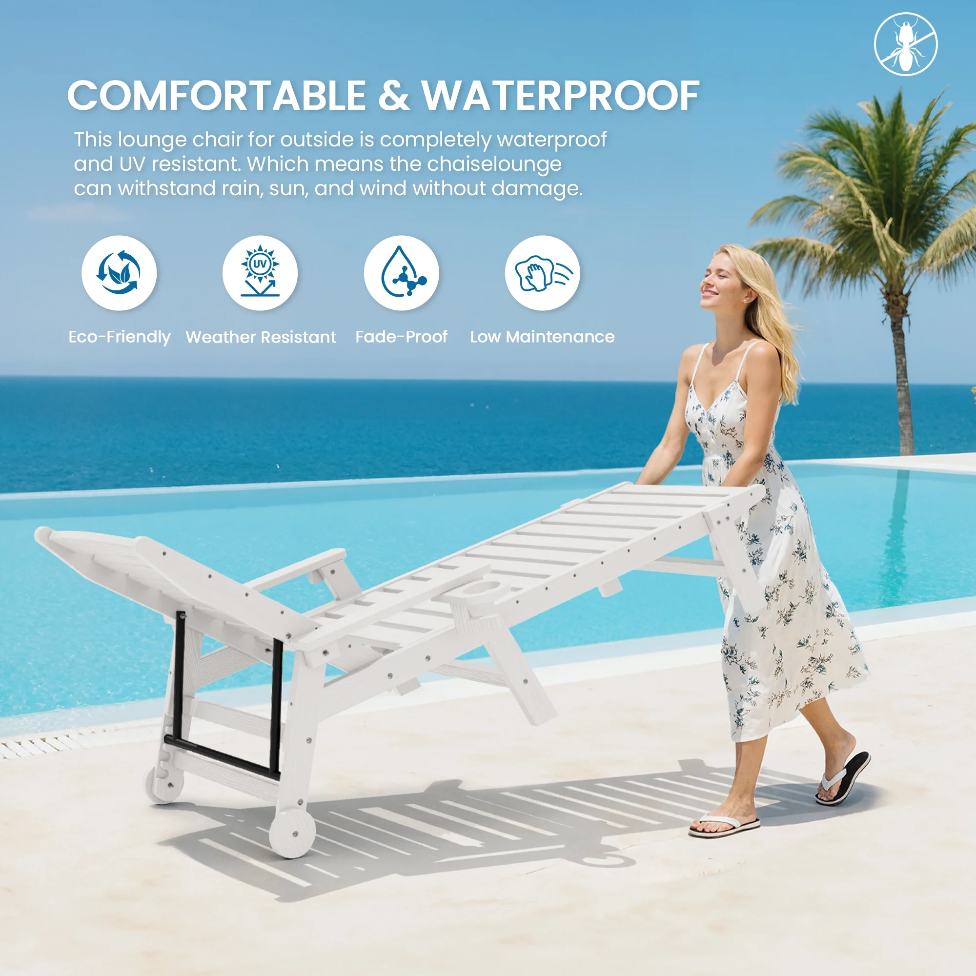 SERWALL Patio Chaise Lounge Chair, 78'' HDPE Outdoor Lounge Chair 5 Positions Pool Lounger Navy Blue - Image 41