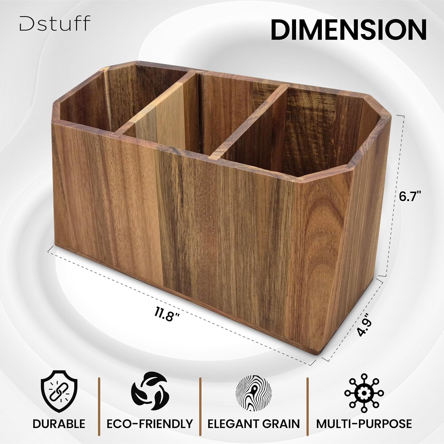 Large Kitchen Utensil Holder for Countertop – Acacia Wood Utensil Organizer with 3 Compartments, Beveled Edges Design, Non-Slip Silicone Pads & Drain Hole – Rustic Farmhouse Utensil Caddy Crock