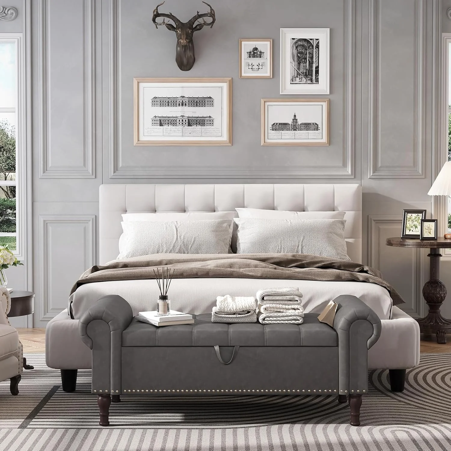 YOUDENOVA Storage Ottoman Bench for Bedroom 51" Queen Leather Storage Bench with Button, Upholstered Bedroom Bench with Rolled Arms for Living Room, Storage Room, Entryway, Gray - Image 4
