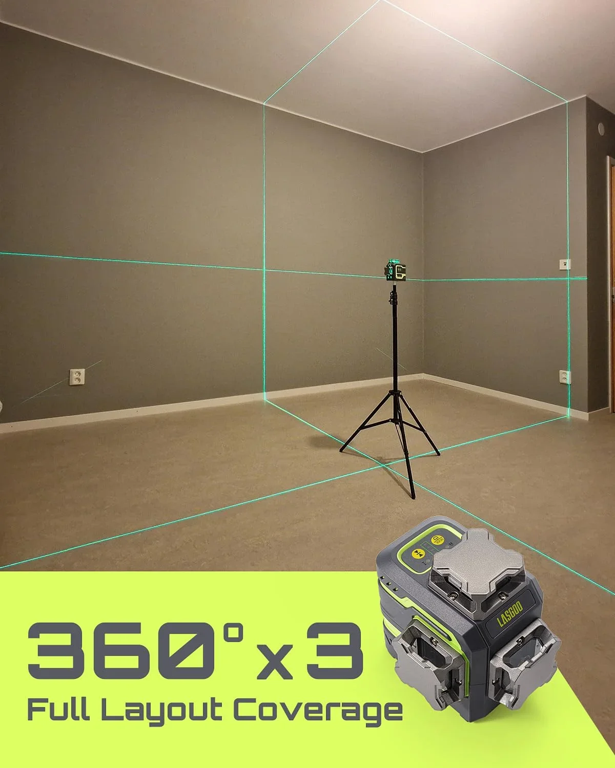 Laser Level 3x360- LASGOO with Remote Control, 2 Rechargeable Batteries, 100FT Range, 360- Magnetic Rotating Stand, IP54, 3Ds