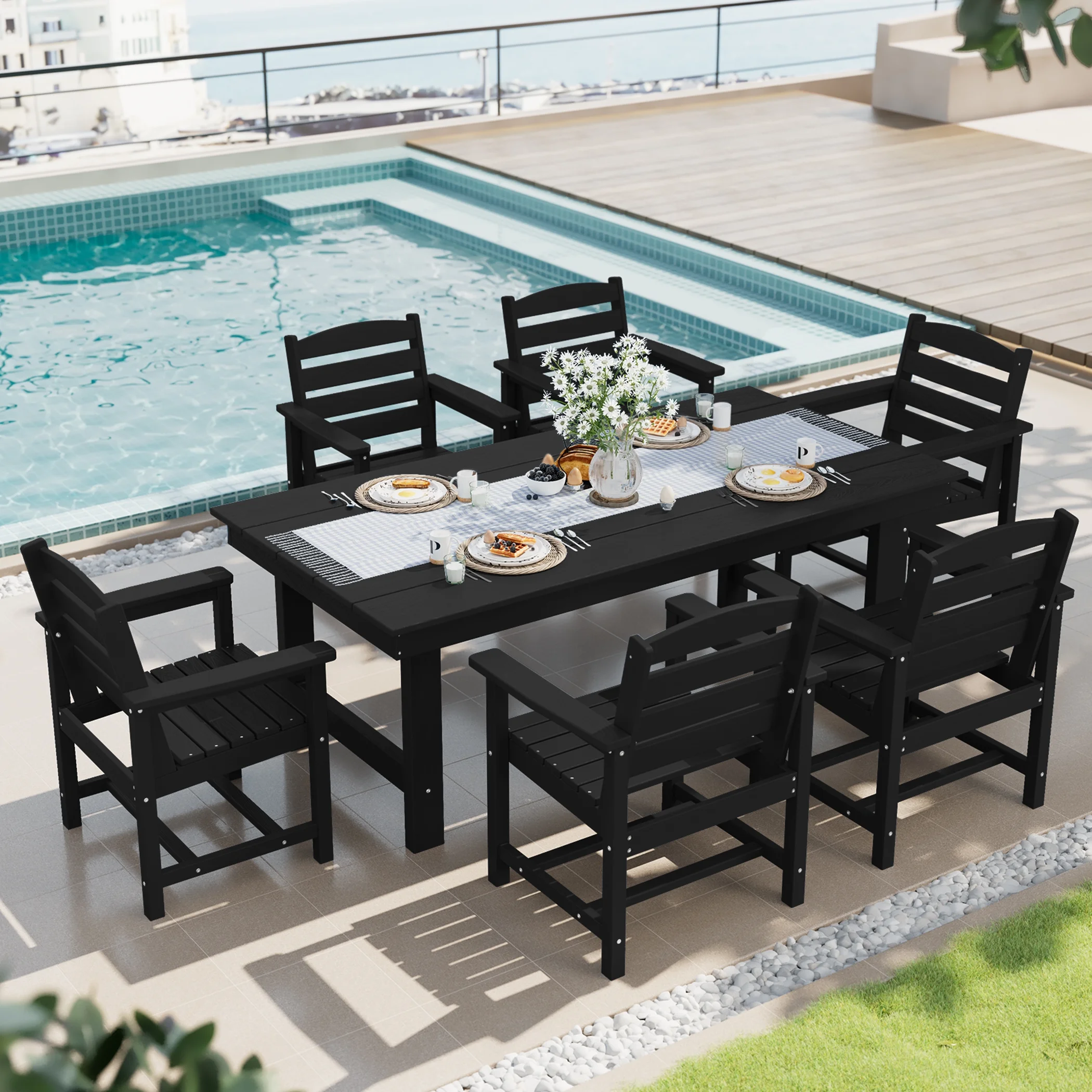 SERWALL Outdoor HDPE Dining Table Set, 7-Piece Outdoor Dining Table Sets with Umbrella Hole, Grey - Image 28