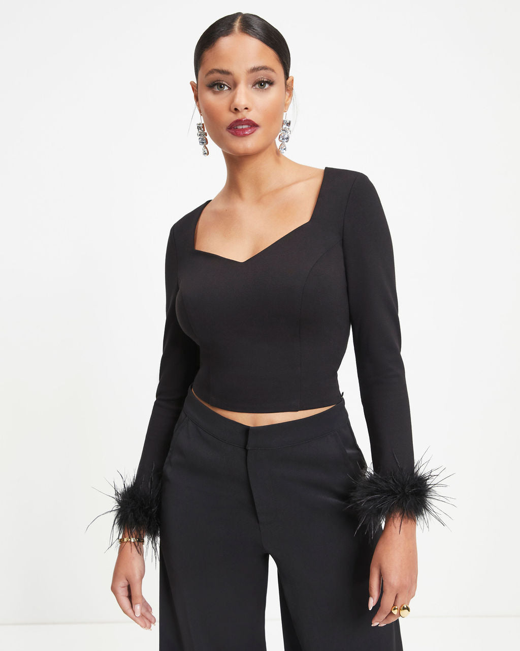 New Lover Feather Trim Long Sleeve Top - Black - Se7enfashion