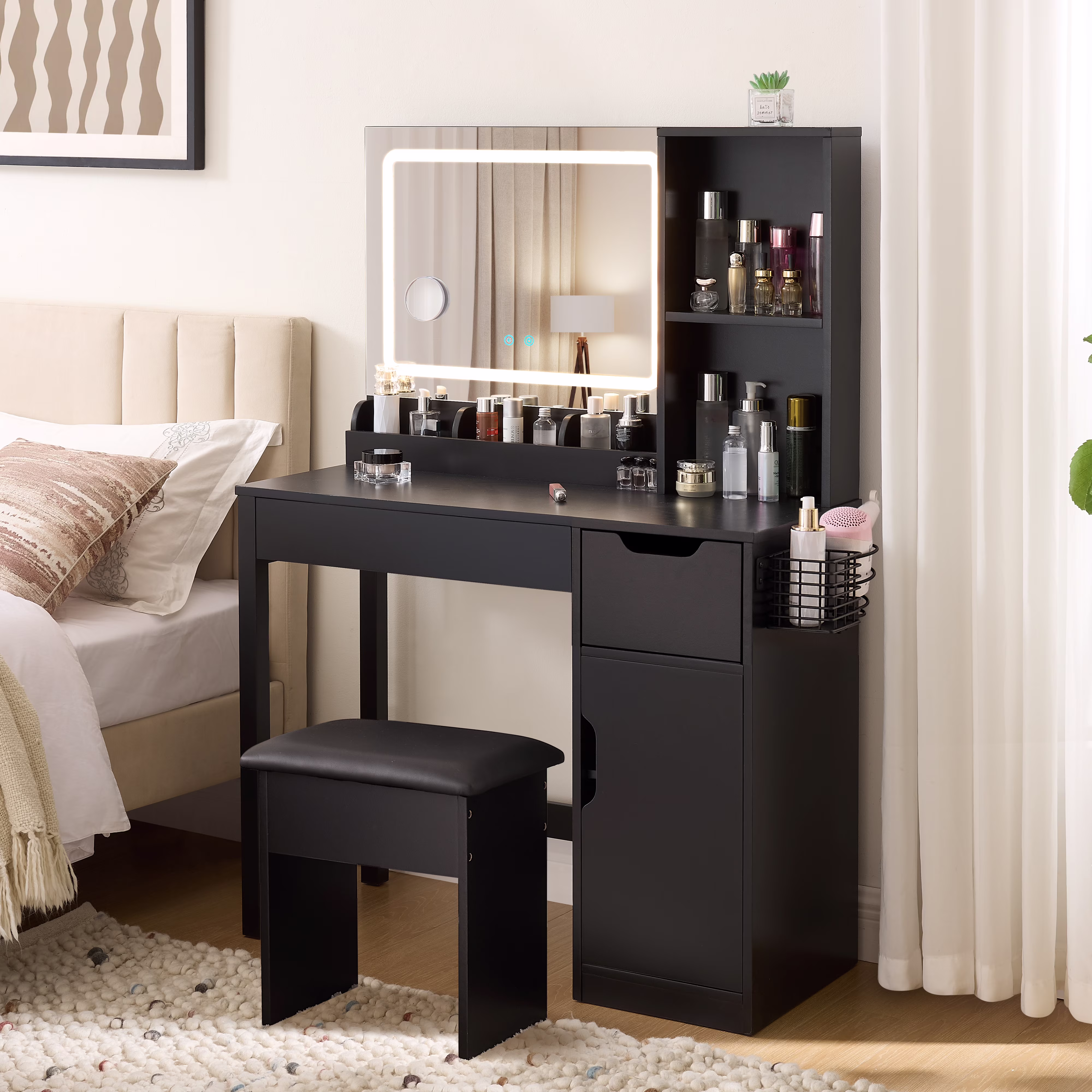 Mainstays Get Ready with Me GRWM Deluxe 2-Piece Vanity and Stool with Lighted Mirror and USB Power, White Finish - Image 5
