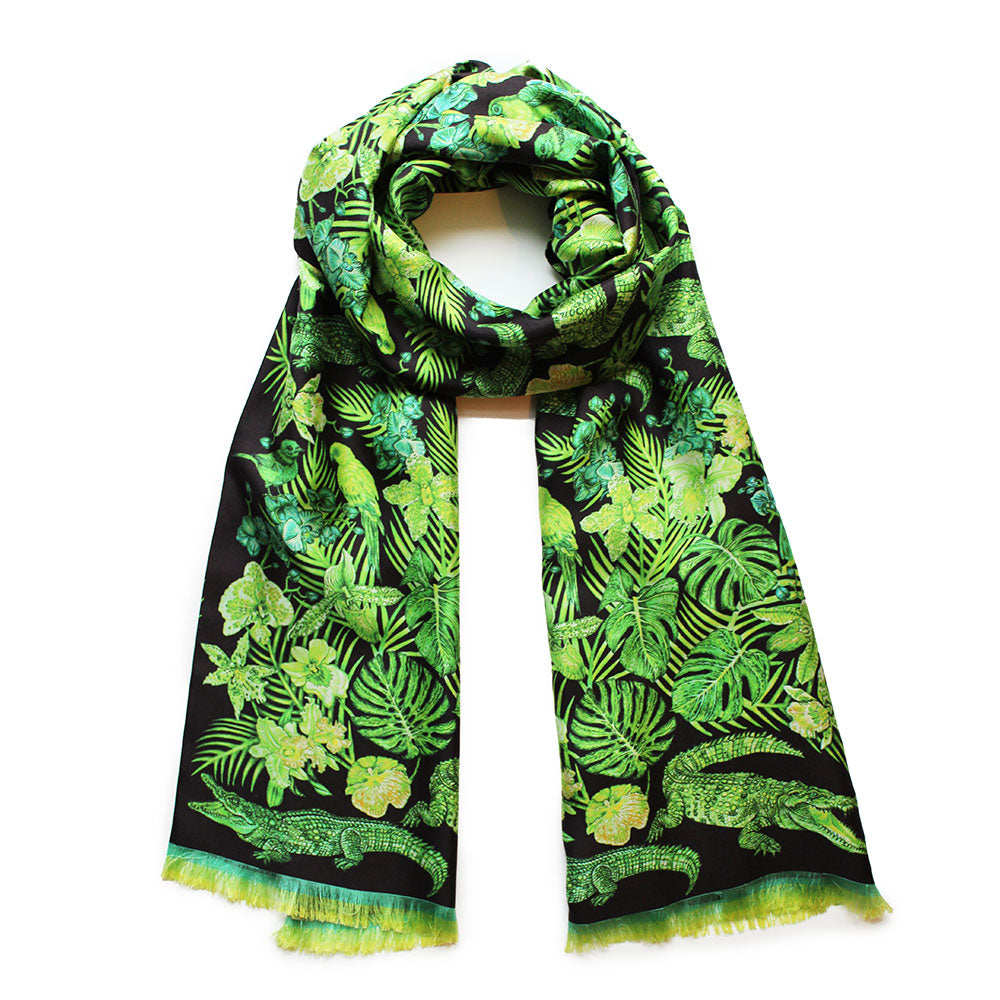 ECHARPE LALIQUE BY GINNY LITSCHER DESSIN JUNGLE VERT NÉON - DESSIN JUNGLE VERT NÉON, 100% SOIE