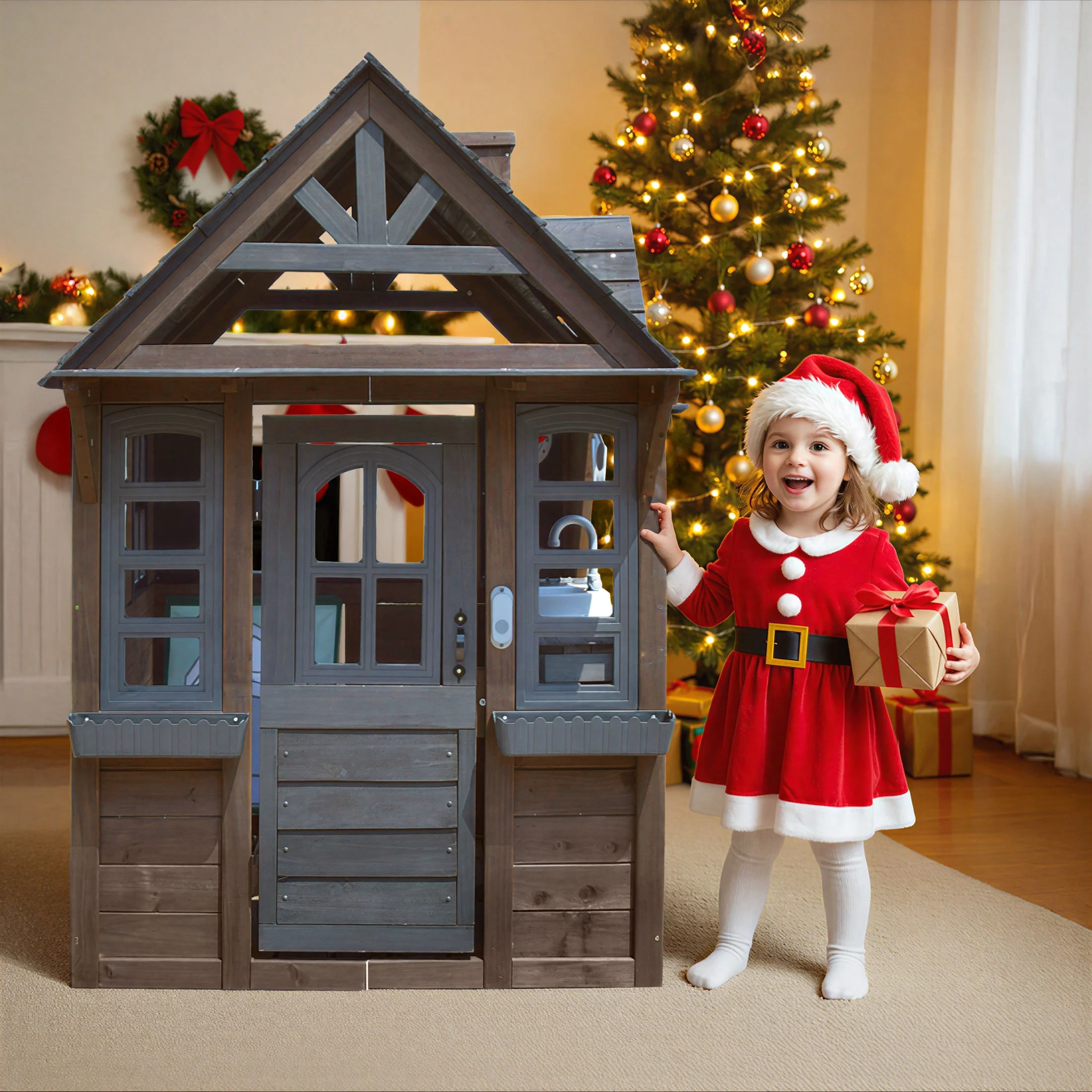 COCLUB Outdoor Playhouse for Kids Ages 4-8, Wooden Play House with Doorbell, Phone, Kitchen Toys, Outdoor Kids Play Equipment, Casa Para Ni?as (45-L x 65-H), White & Black - Image 28