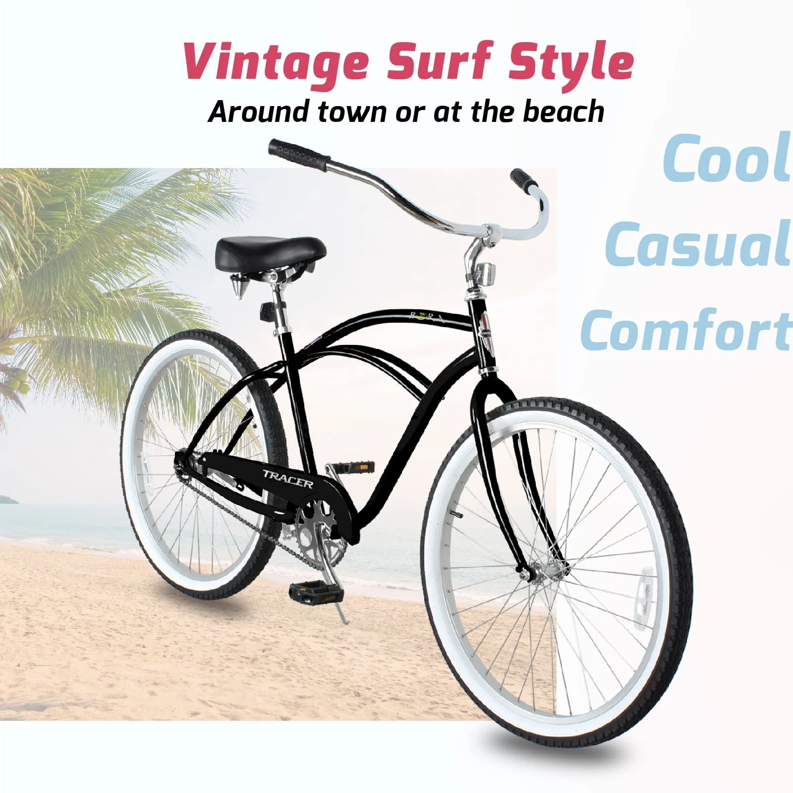 Tracer BORA Beach Cruiser Bike for Adult, 26 Inch Wheels, Featuring Steel Step Over or Step Through Hi Ten Steel Frame, 1 Speed with Coaster Brake, Hybrid Bike, Black Color - Image 7