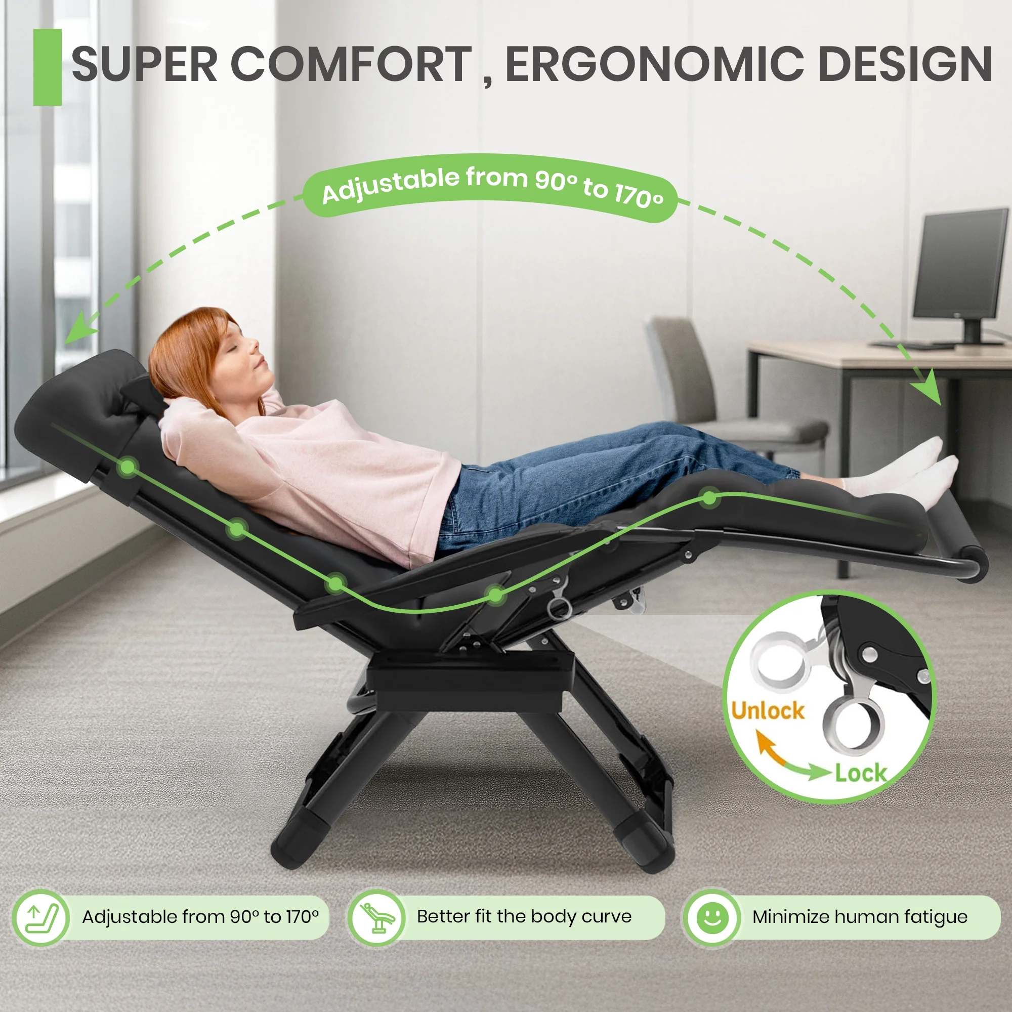 GVDV Oversized Zero Gravity Chair, 33In XXL Lounge Chair with Removable Thick Cushion, Lawn Patio Reclining Chair Upgraded Alloy Lock and Cup Holder, for Indoor Outdoor, Black - Image 3
