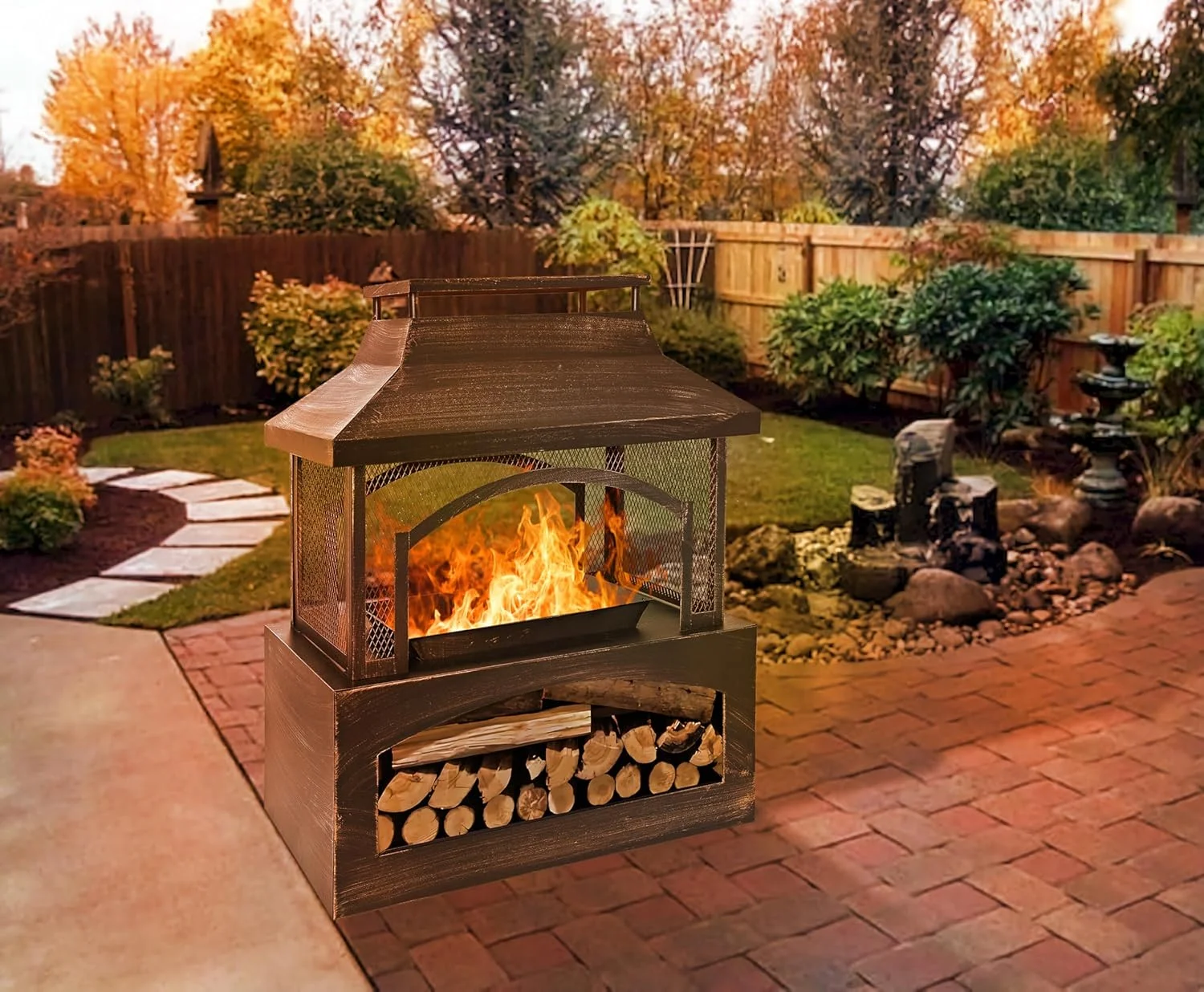 Large Outdoor Wood Burning Fireplace, house shape Outdoor Log Burner Fire Pit with Log Grate and Poker, 37" x 32" x 18" Large Metal Firepit for Patio Garden Backyard, Black - Image 5