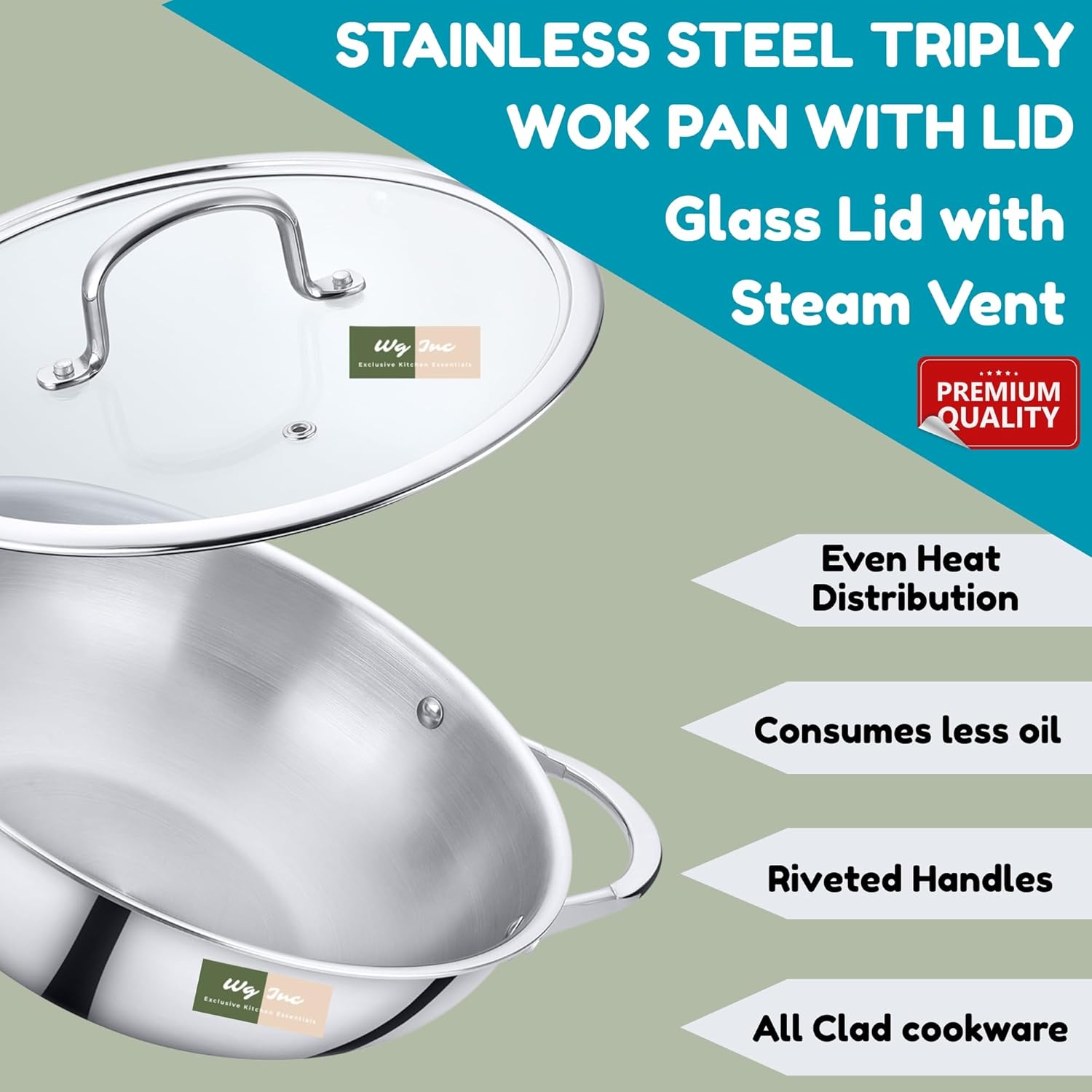 Stainless Steel Wok with Glass Lid, 5.2 QT - 12 Inch / 30 CM Tri-ply Kadhai, Large Wide & Deep Cookware Stir Fry Pans, Dishwasher & Oven Safe, Non Toxic Cooking Wok Pan, Induction Compatible