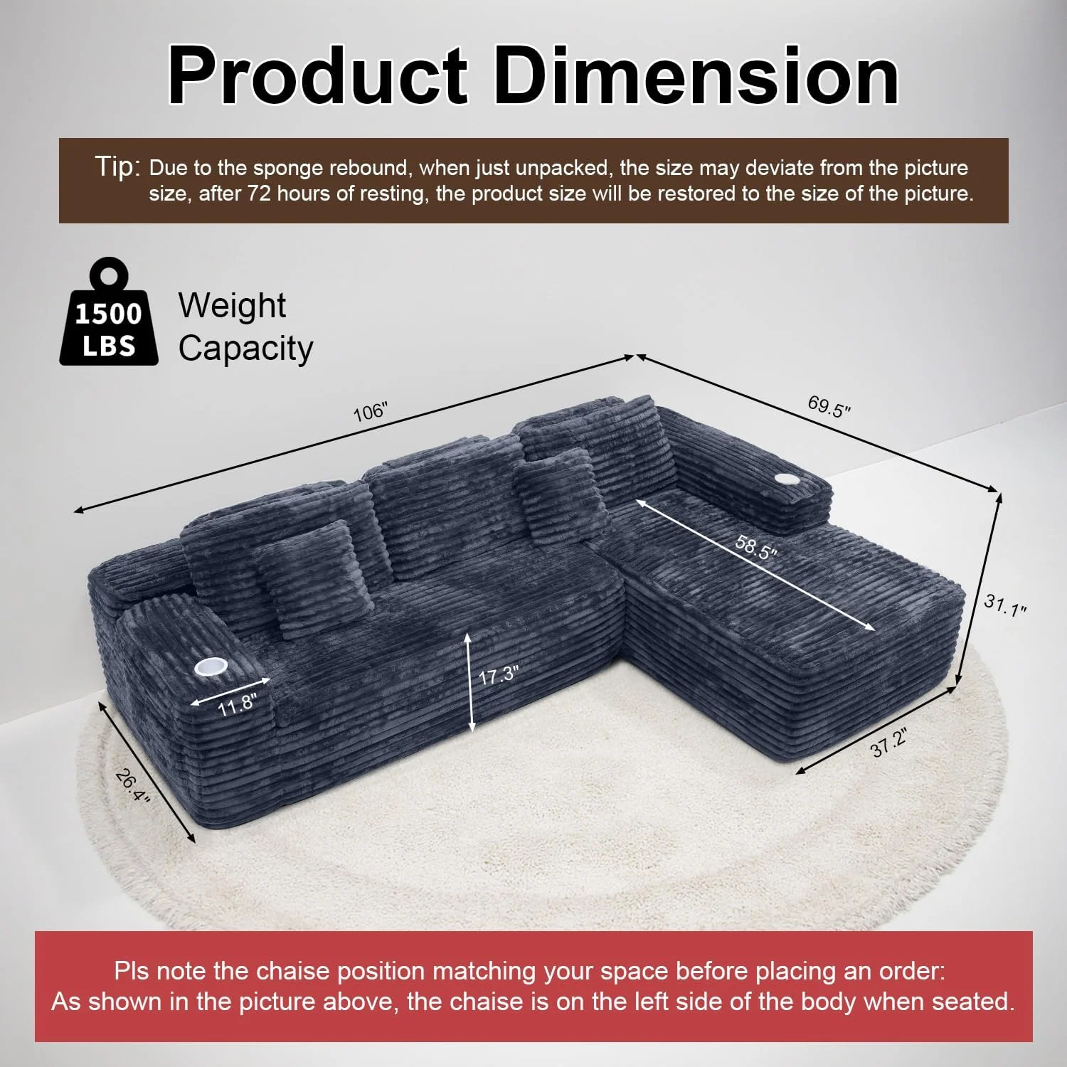 Cloud Sectional Couch with L-Shape Chaise Modern Modular Sofa Deep Seat Built-in Cup Holder