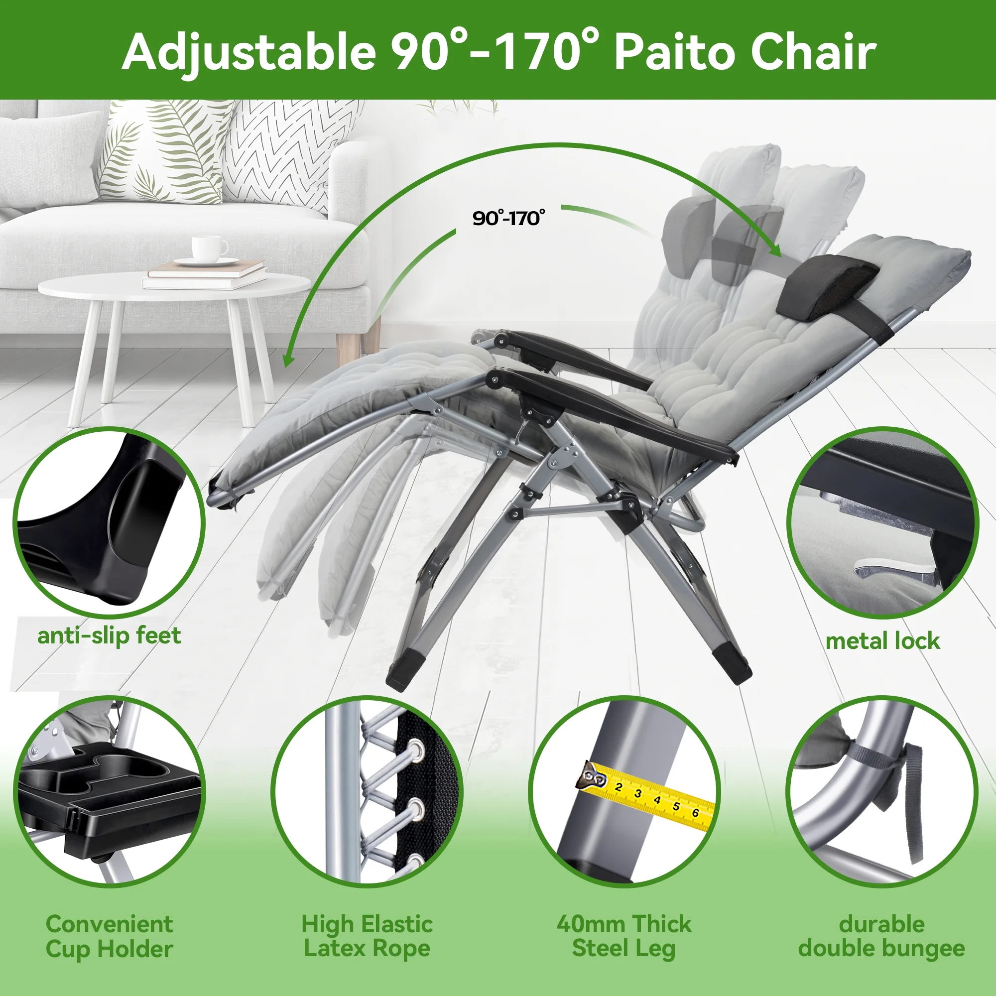 VECUKTY XXL Oversize Zero Gravity Chair - 500lb Capacity, 33-Inch Wide Padded Seat, Folding Travel Recliner for Outdoor / Indoor Use - Patio, Lawn, Black, Portable and Heavy Duty - Image 12