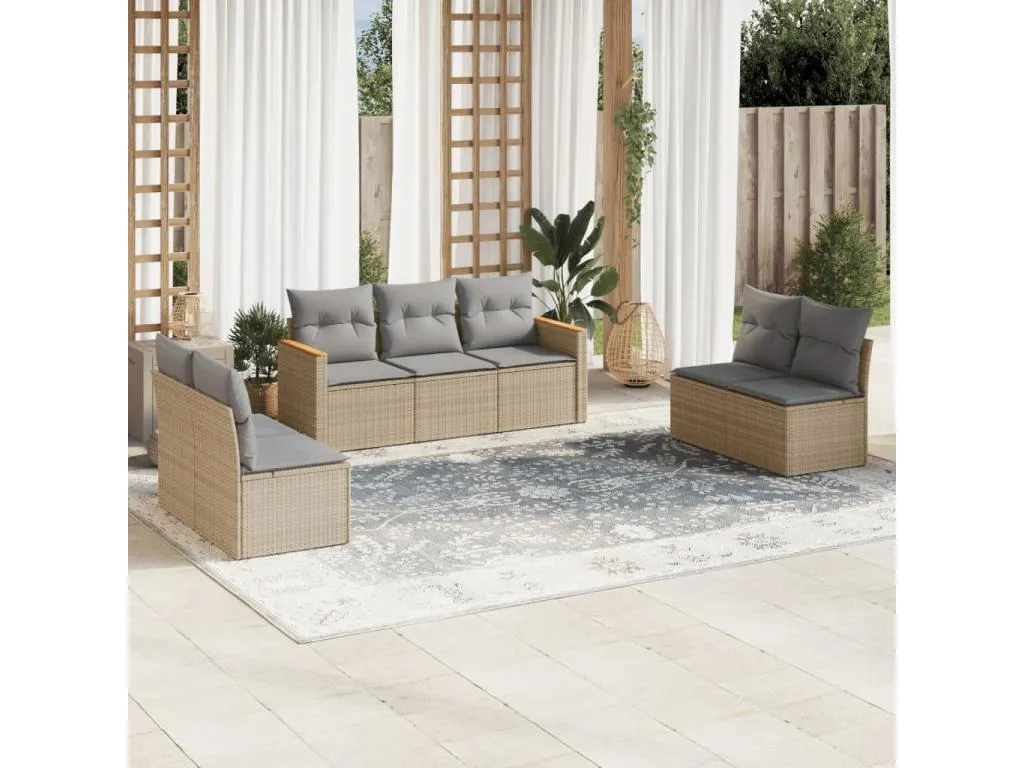 Casabellaes Juego de sofás jardín con cojines beige mezcla 7 pzas ratán PE IPJW42946
