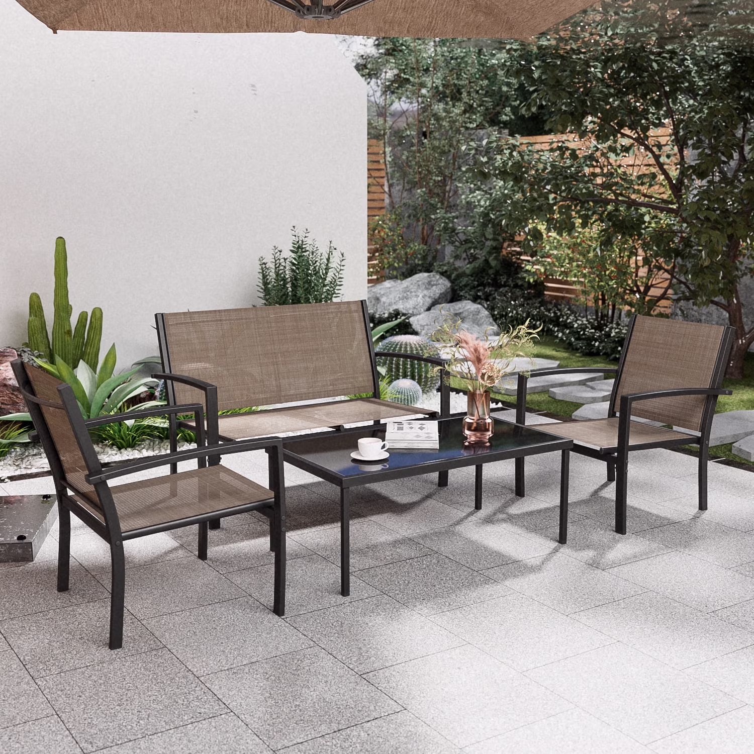 LACOO 4 Pieces Outdoor Furniture Set Patio Textilene Steel Conversation Set with Loveseat Tea Table for Lawn and Balcony, Black - Image 5