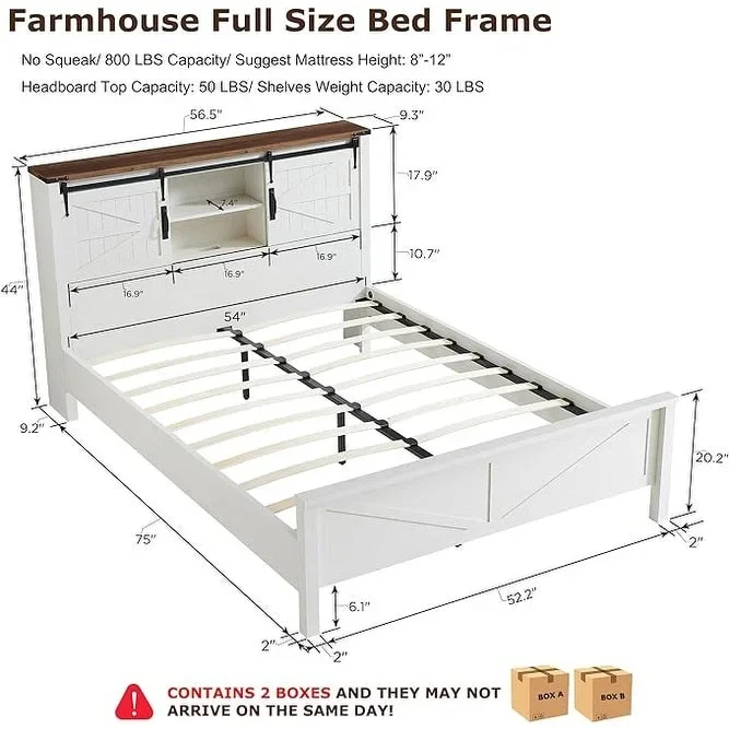 Farmhouse Platform Bed with Storage Headboard Sliding Doors and Charging Station