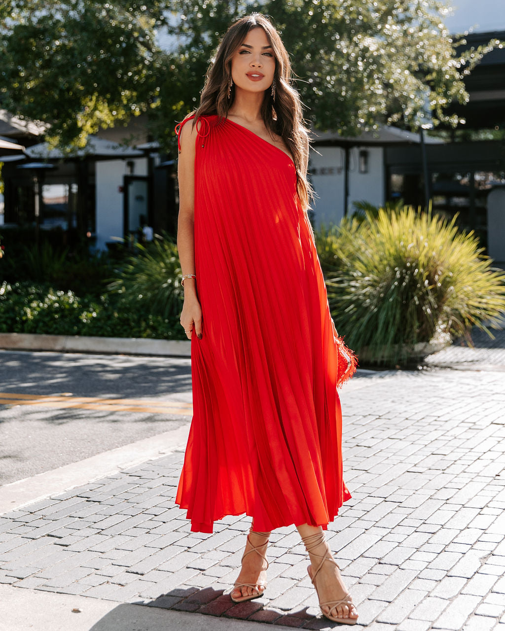 Melina Satin One Shoulder Pleated Midi Dress - Red - Se7enfashion