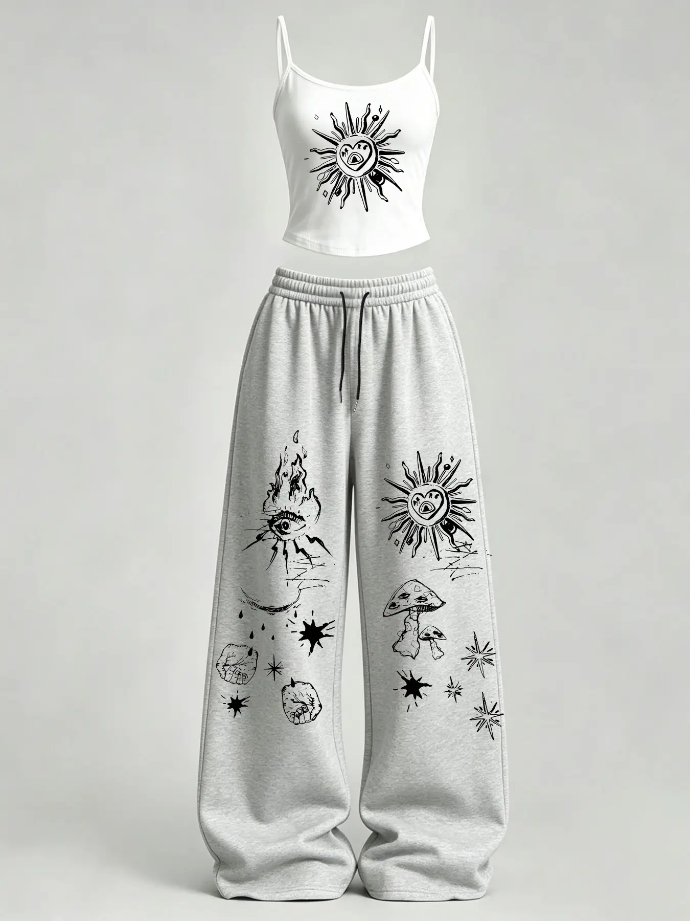 Women's Casual Home Wear Set, Sun Totem Print Slim Fit Tank Top + Loose Pants TeeThreads Sustain the Scene with Custom Apparel