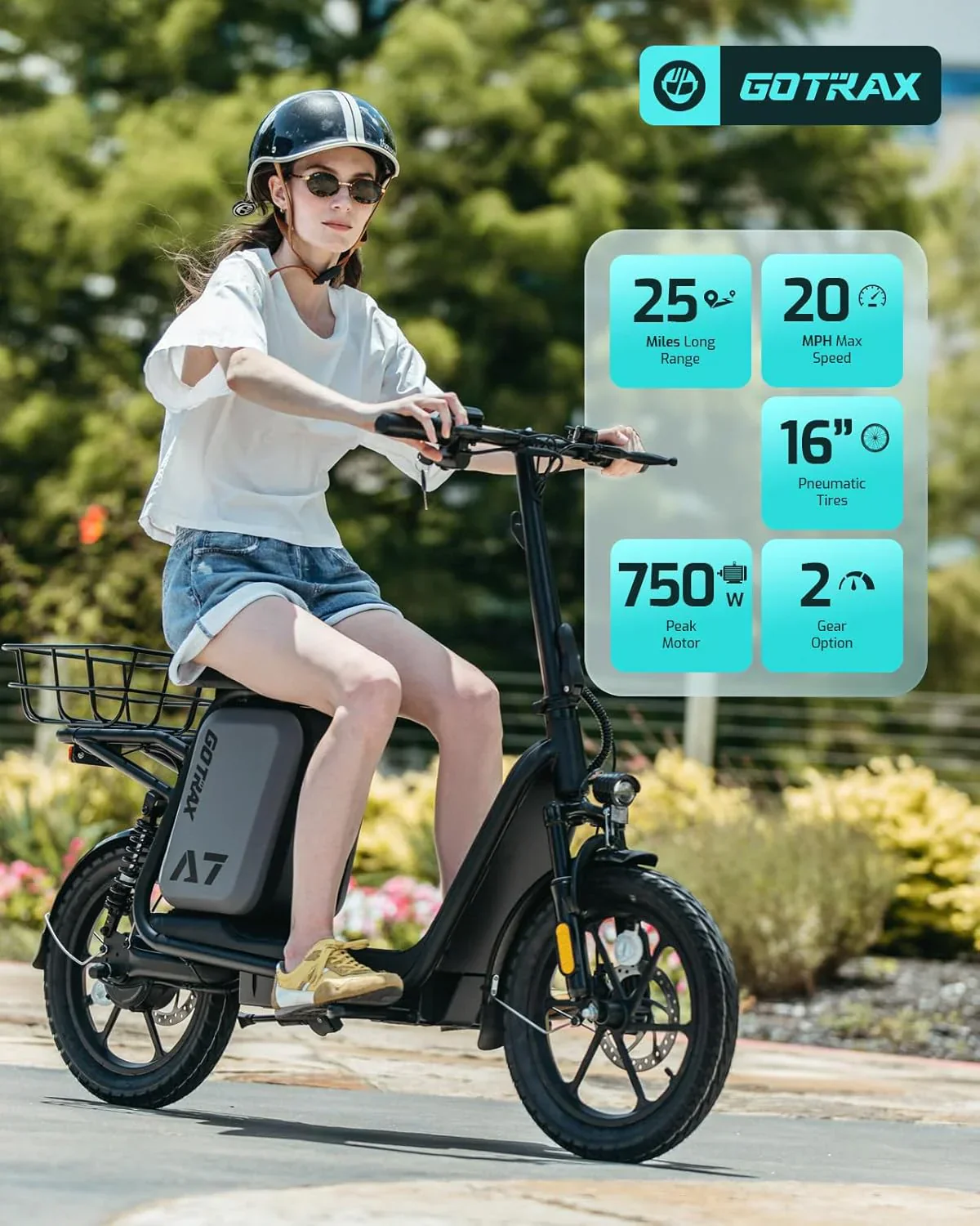Gotrax adult electric scooter with seat maximum range of 19-25 miles all-terrain tires wide pedals
