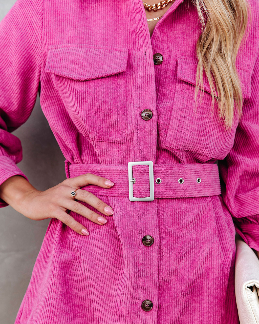 Charlene Corduroy Belted Button Down Shirt Dress - Orchid - Se7enfashion