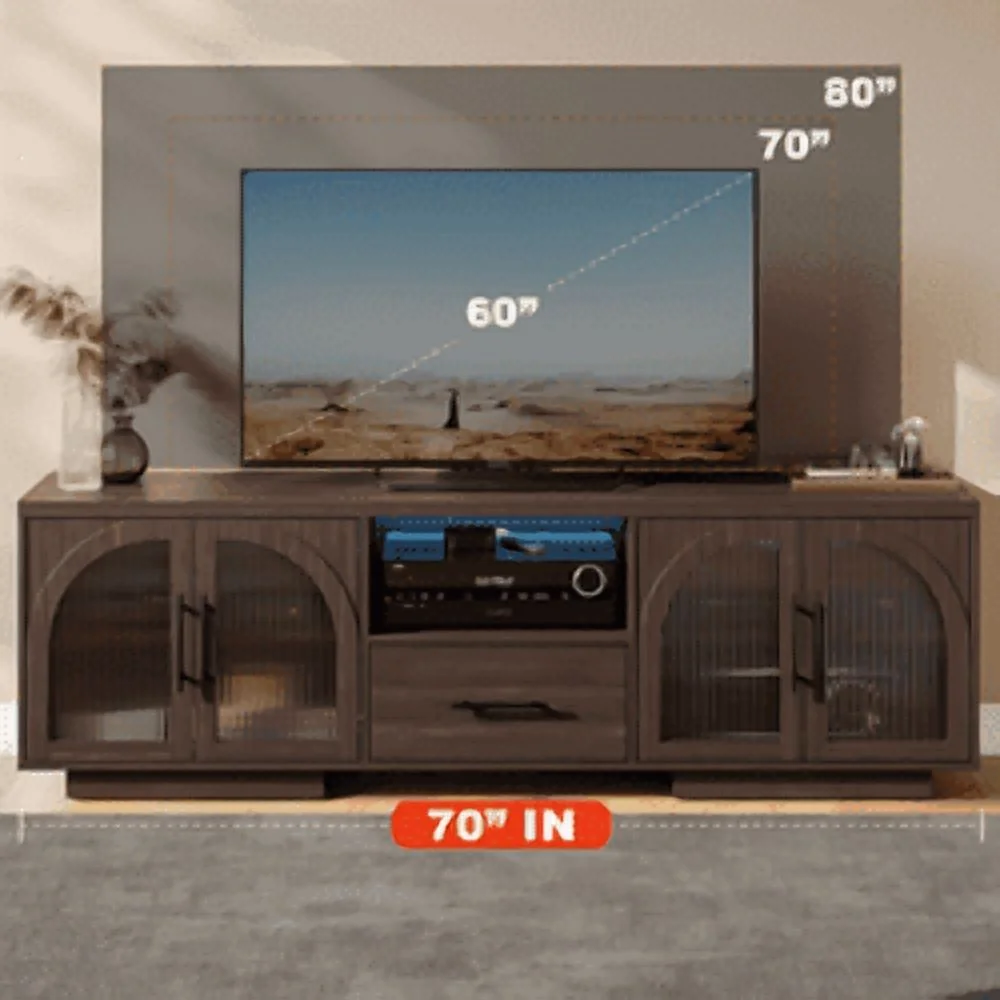 TV Stand for 75 inch TV, LED TV Stand for Living Room,70" Entertainment Center with Arched Glass Doors, Faux Marble Wood Finish Top, Adjustable Shelves, and LED Lighting, Black - Image 14