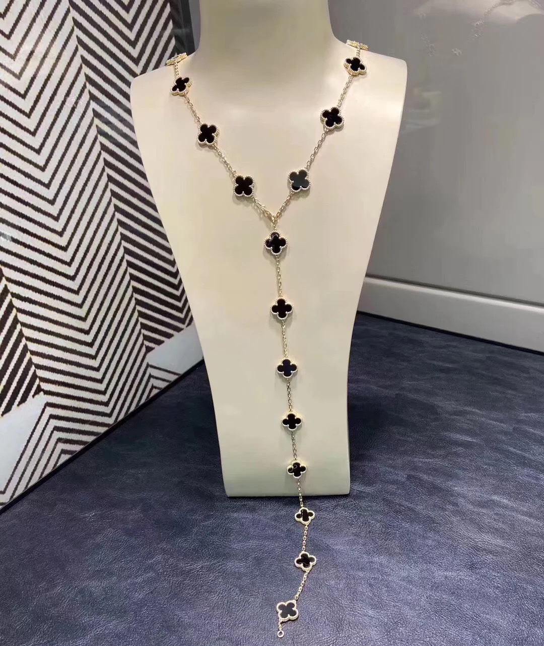 VCA Yellow Gold Black Clover Vintage Alhambra Long Necklace, 20 Motifs - Original Replica Club
