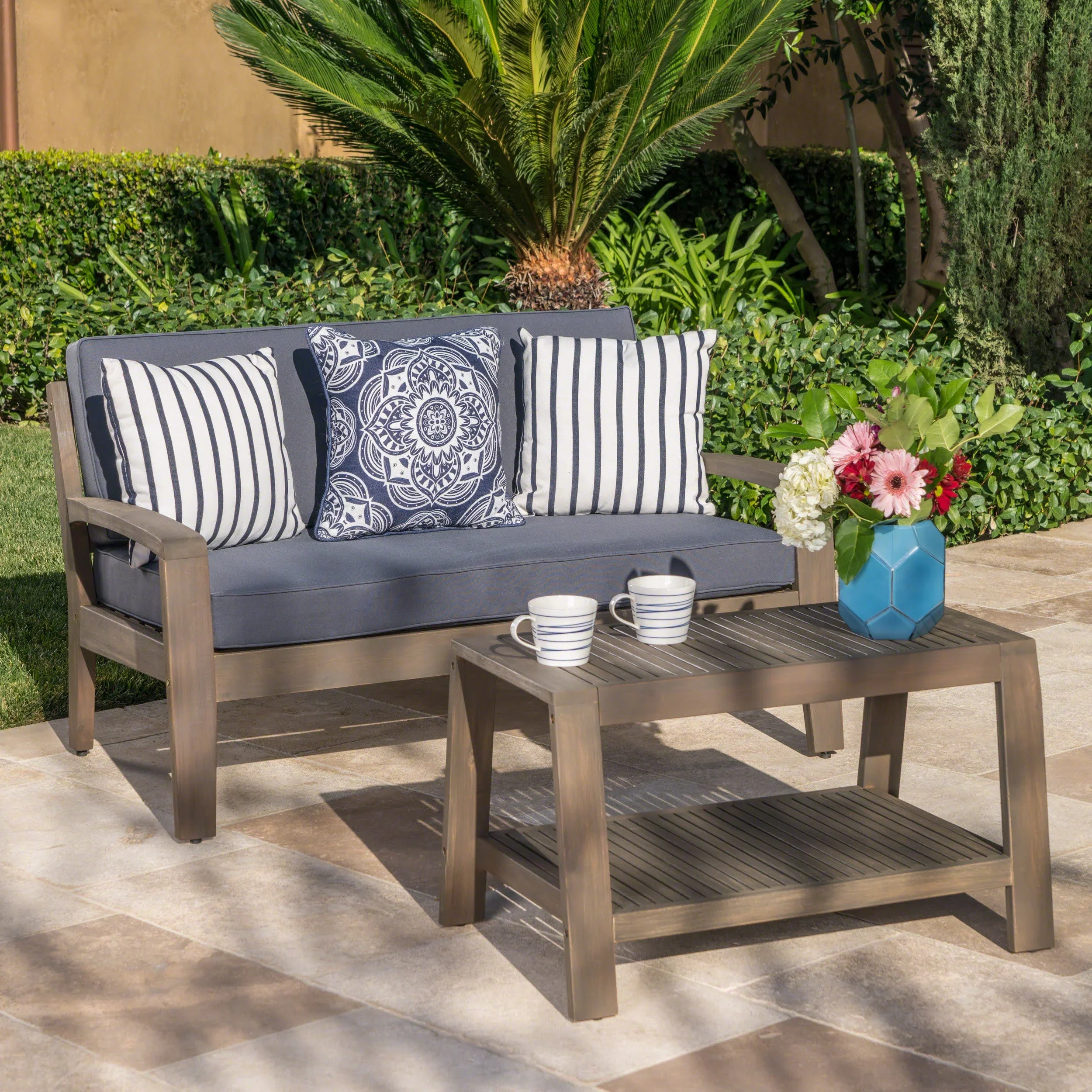 Wilcox Outdoor Acacia Wood Loveseat and Coffee Table Set with Cushions, Grey, Dark Grey