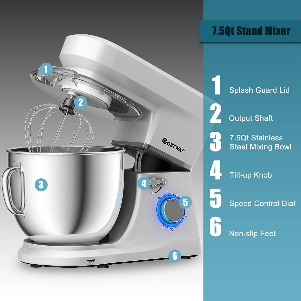 Costway Tilt-Head Stand Mixer 7.5 Qt 6 Speed 660W with Dough Hook, Whisk & Beater Silver - Image 5