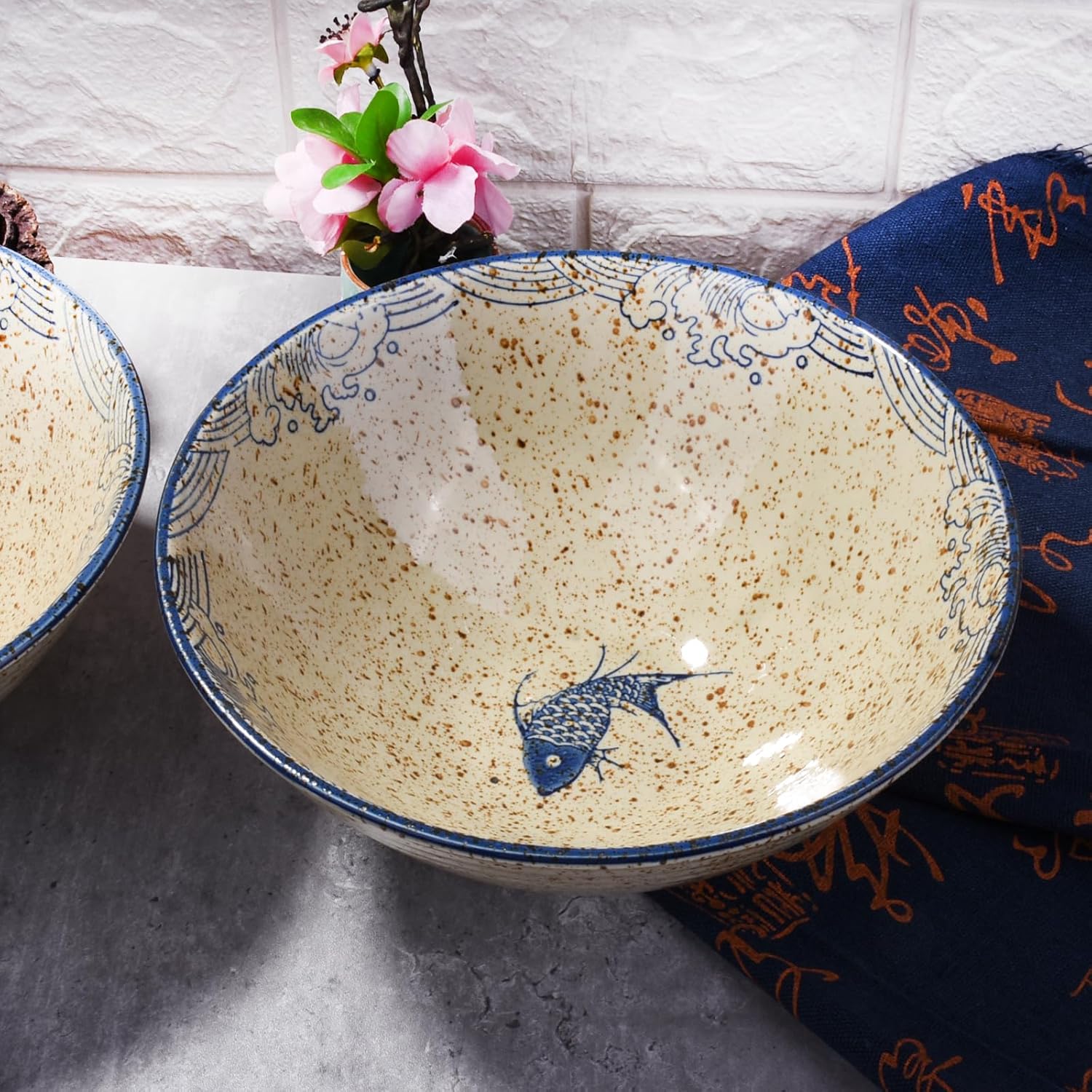 8-inch Ceramic Ramen Bowls with Fish Design, Japanese Style Soup Ramen Noodle Bowls, Set of 2, Dishwasher & Microwave Safe