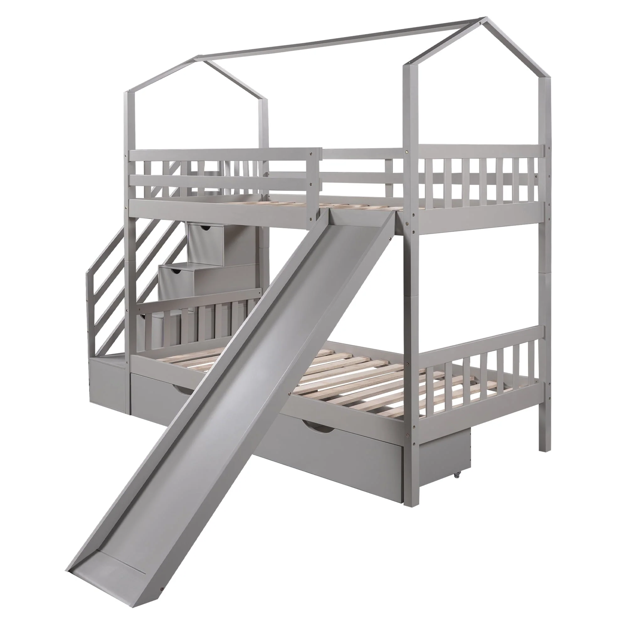 Bellemave Twin Over Twin House Bunk Bed with Slide and Stairs,Wooden Bunk Bed with Storage Drawers,Playhouse Bed for Kids,Teens(Gray) - Image 8