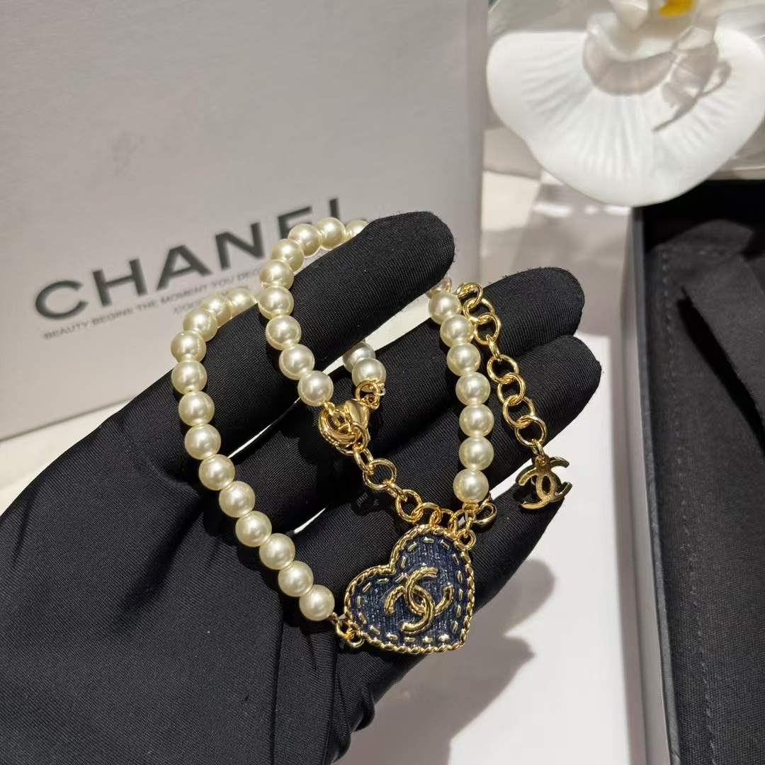 Chanel Denim Heart Pendant Pearl Choker Necklace - Original Replica Club