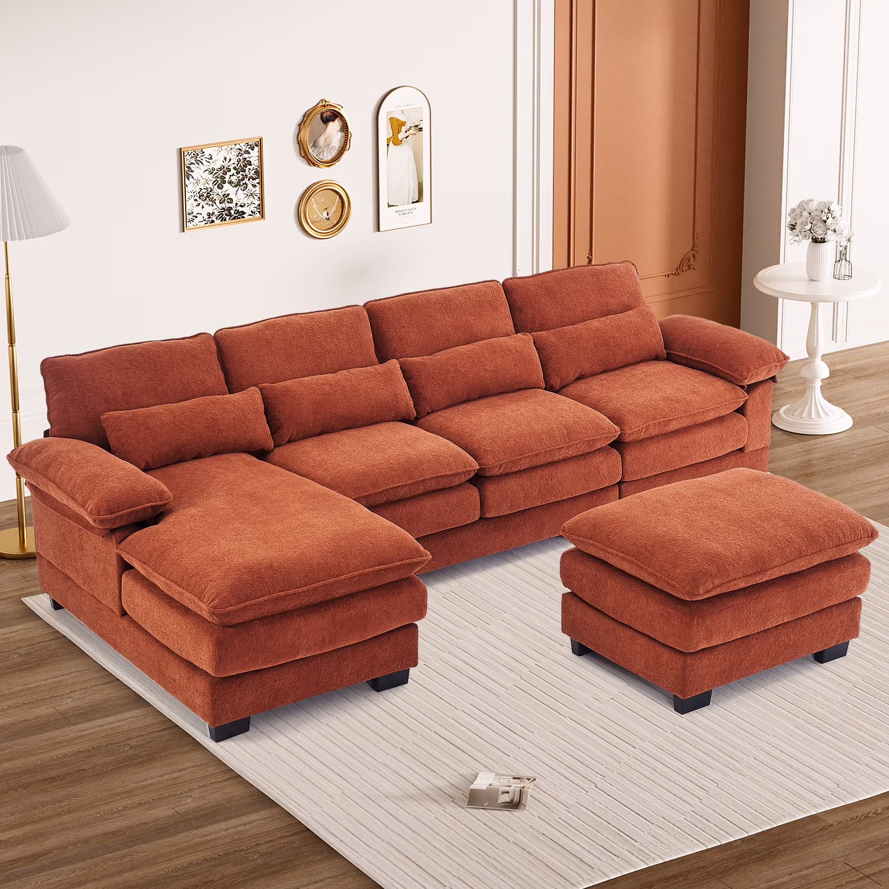 Rophefx 114.3" U Shaped Sectional Couches for Living Room, Cloud Couch, 4 Seats Chenille Couch with Double Layer Cushion, Orange(Dark Green)