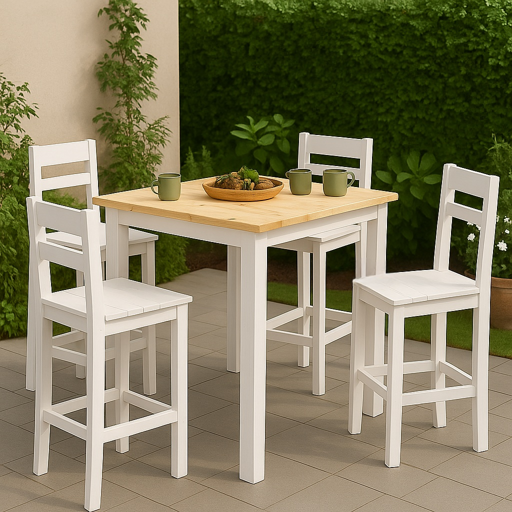 Conjunto de bar de jardín, pino blanco/natural, exterior, 82,5x82,5x110 cm