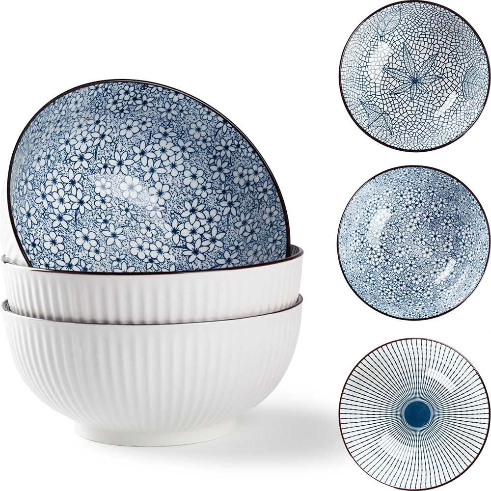 Houlu 60 oz Pho Bowls, Large Soup Bowl, Japanese Ramen Bowl Set, 8 inches Big Porcelain Bowls Set of 3, Mixing Pattern