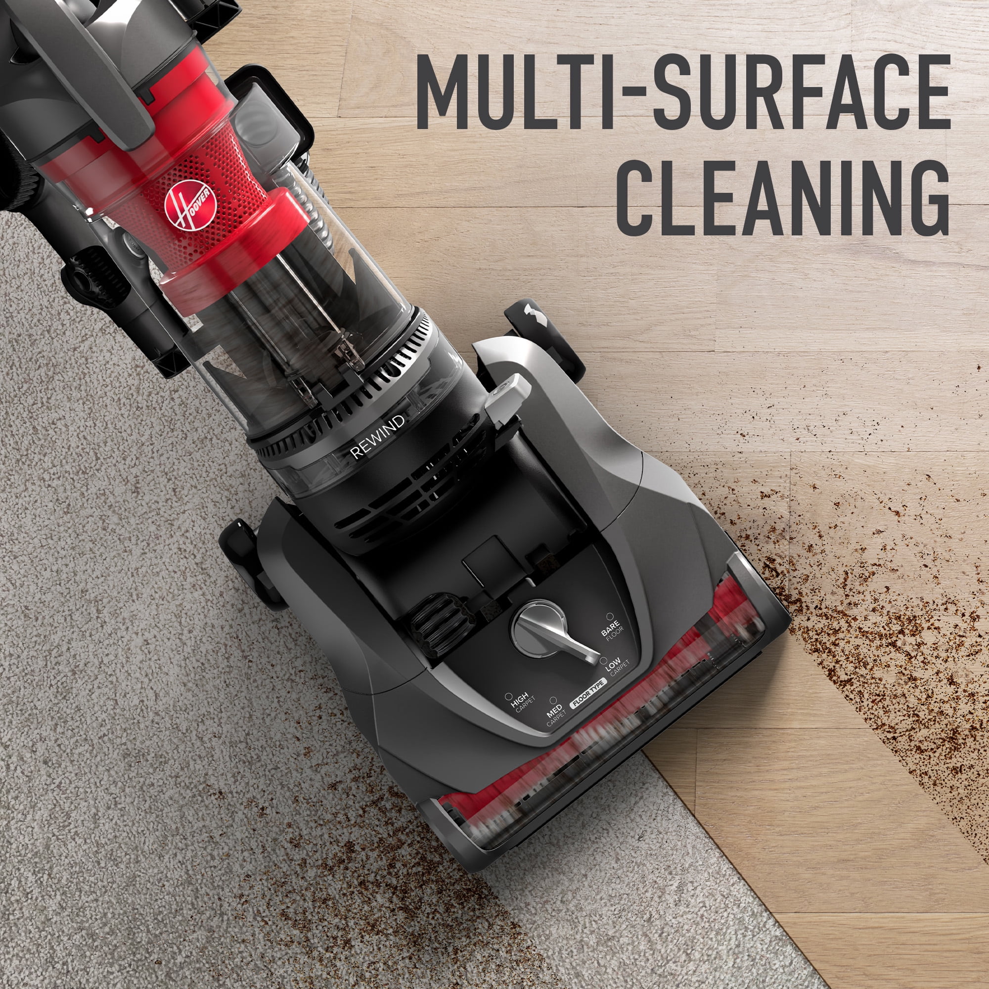 Hoover Rewind Pet Bagless Upright Vacuum Cleaner, Pet Friendly, Automatic Cord Rewind, Multi-Surface and Above Floor Cleaning, UH77410V, Gray & Red - Image 7