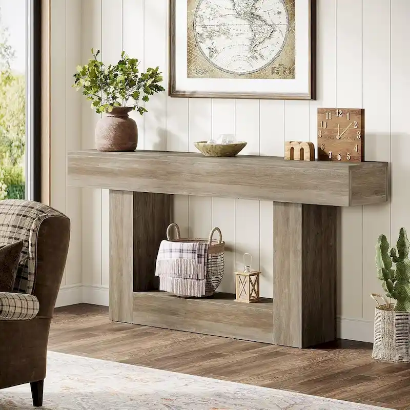 63-Inch Brown and Gray Slim Wooden Console Table for Entryway
