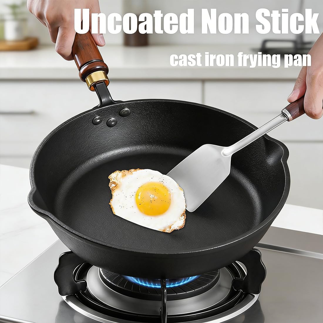 Uncoated Thick Iron Pot, Even Heating Non-Stick Japanese Wok Pan with Lid, Hand-Forged Japanese Cast Iron Wok with Spatula, Cast Iron Pot for Induction, Gas & Electric Cooktops (24cm-Wooden)