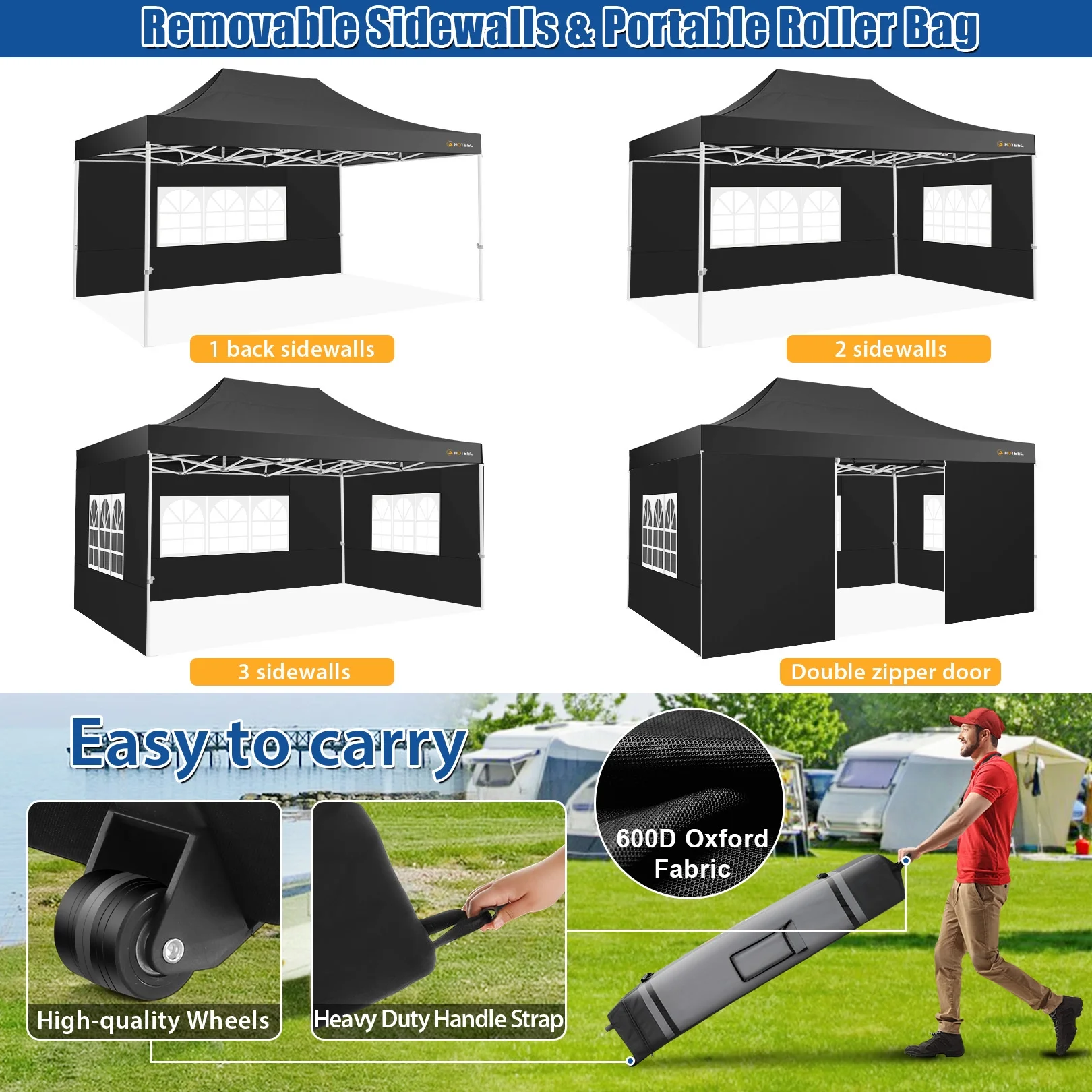 HOTEEL 10x15 Heavy Duty Canopy Tent - Commercial Pop Up with UV50+, Thick Hexagonal Frame, 4 Sidewalls, Anti-Pooling Design & Roller Bag (Black)