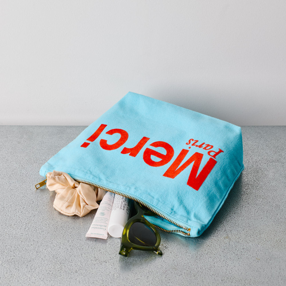 Merci - Pochette en coton - Bleu Clair & Rouge