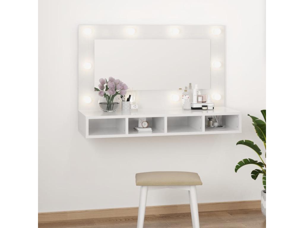 Mueble con espejo y luces LED blanco brillante 90x31,5x62 cm
