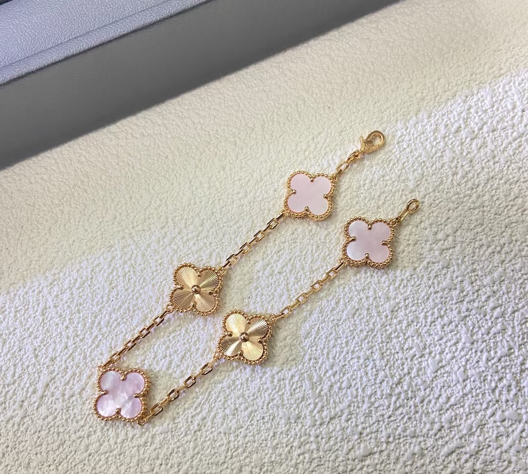 VCA Pink MOP and Gold Guilloche Vintage Alhambra Bracelet 5 Motifs - Original Replica Club